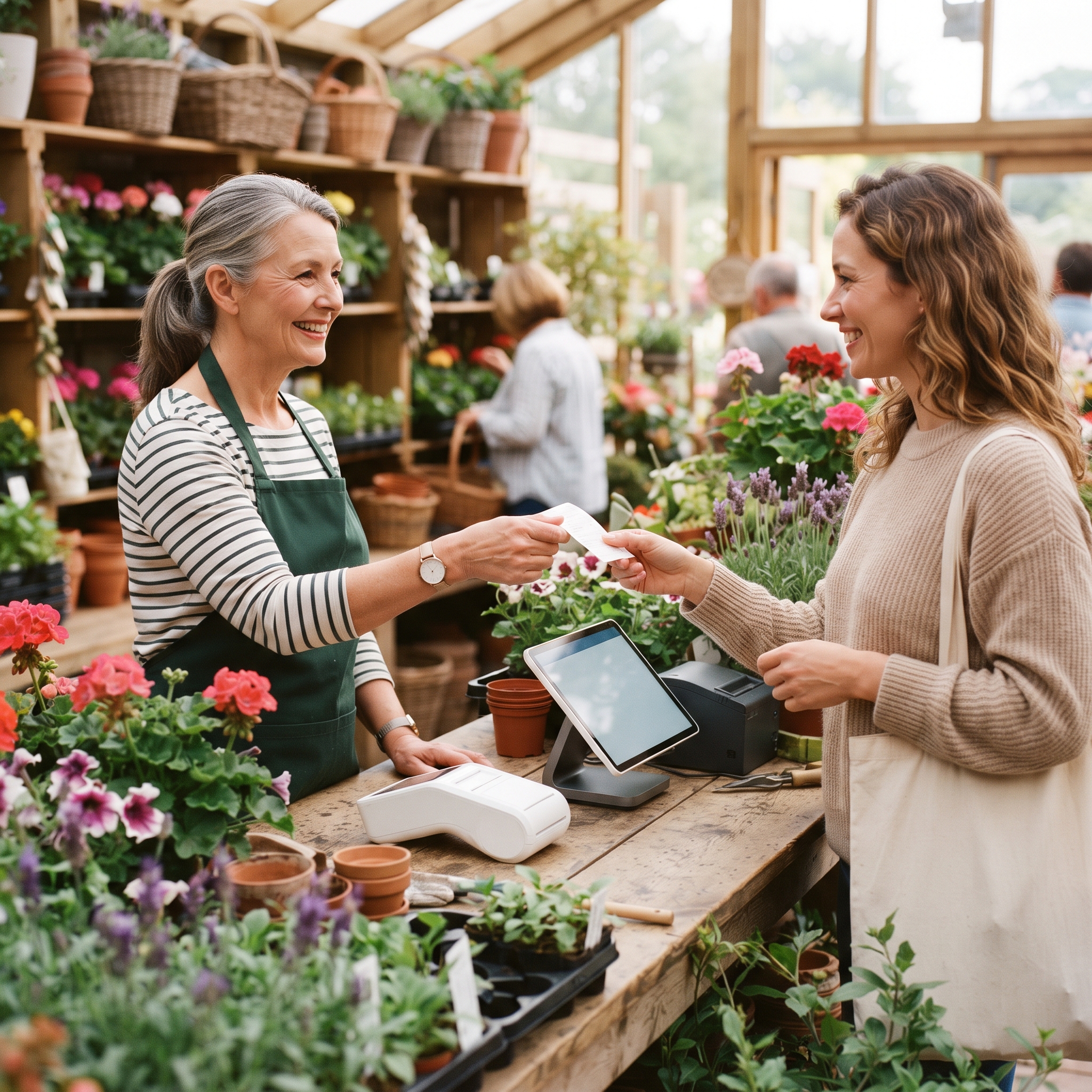 A deployed custom POS in use at a garden centre counter with certified payment hardware