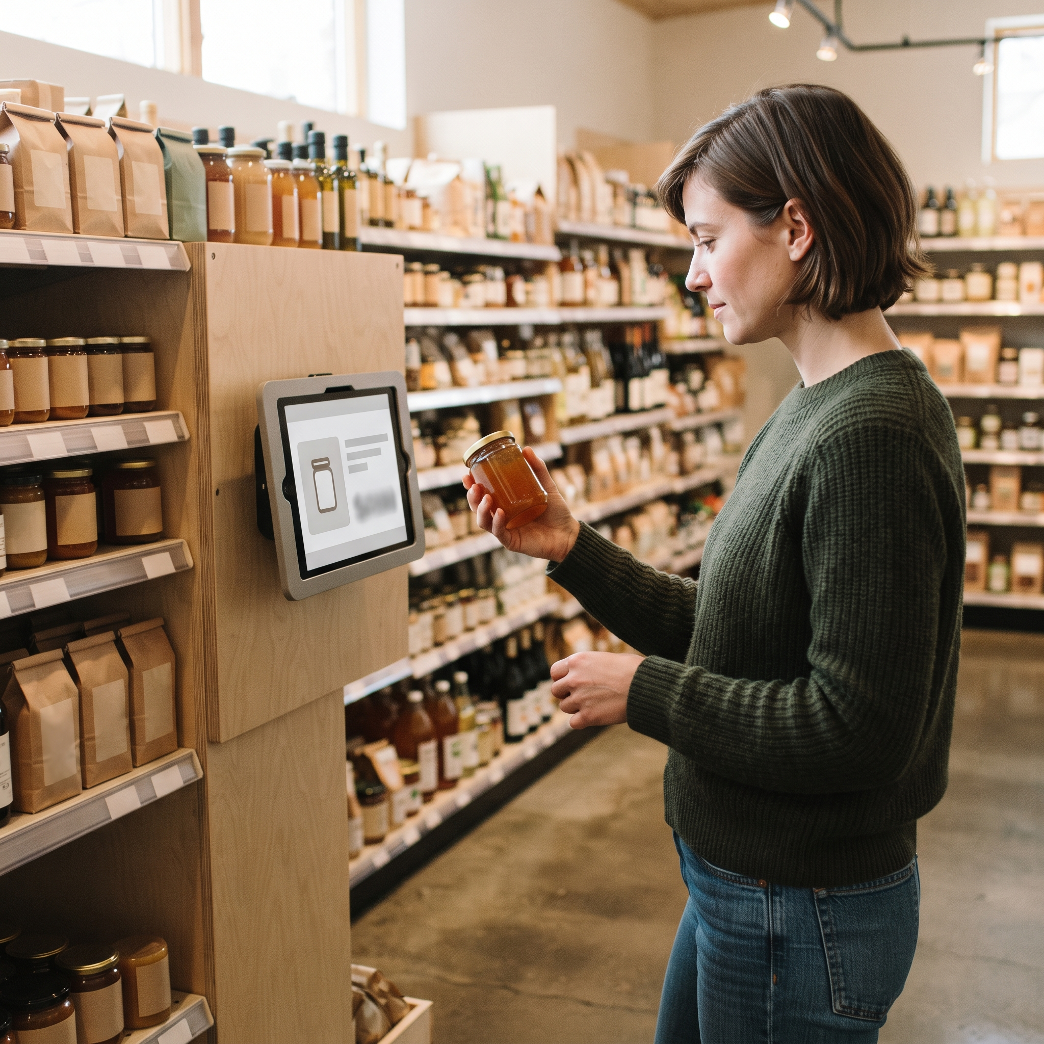 Shopper checking a price on a wall-mounted tablet price checker in a grocery aisle
