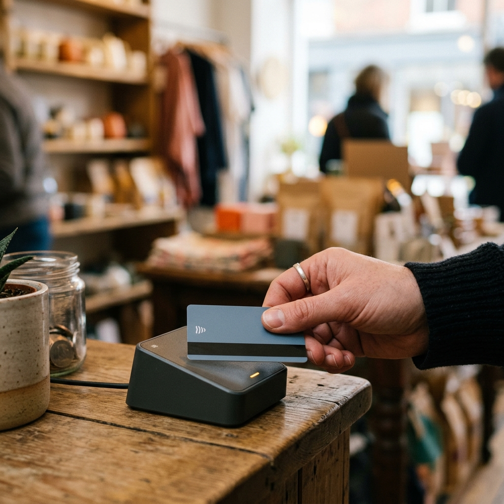 A customer taps a card on a small certified card reader, the one piece of POS hardware a first-time merchant cannot skip