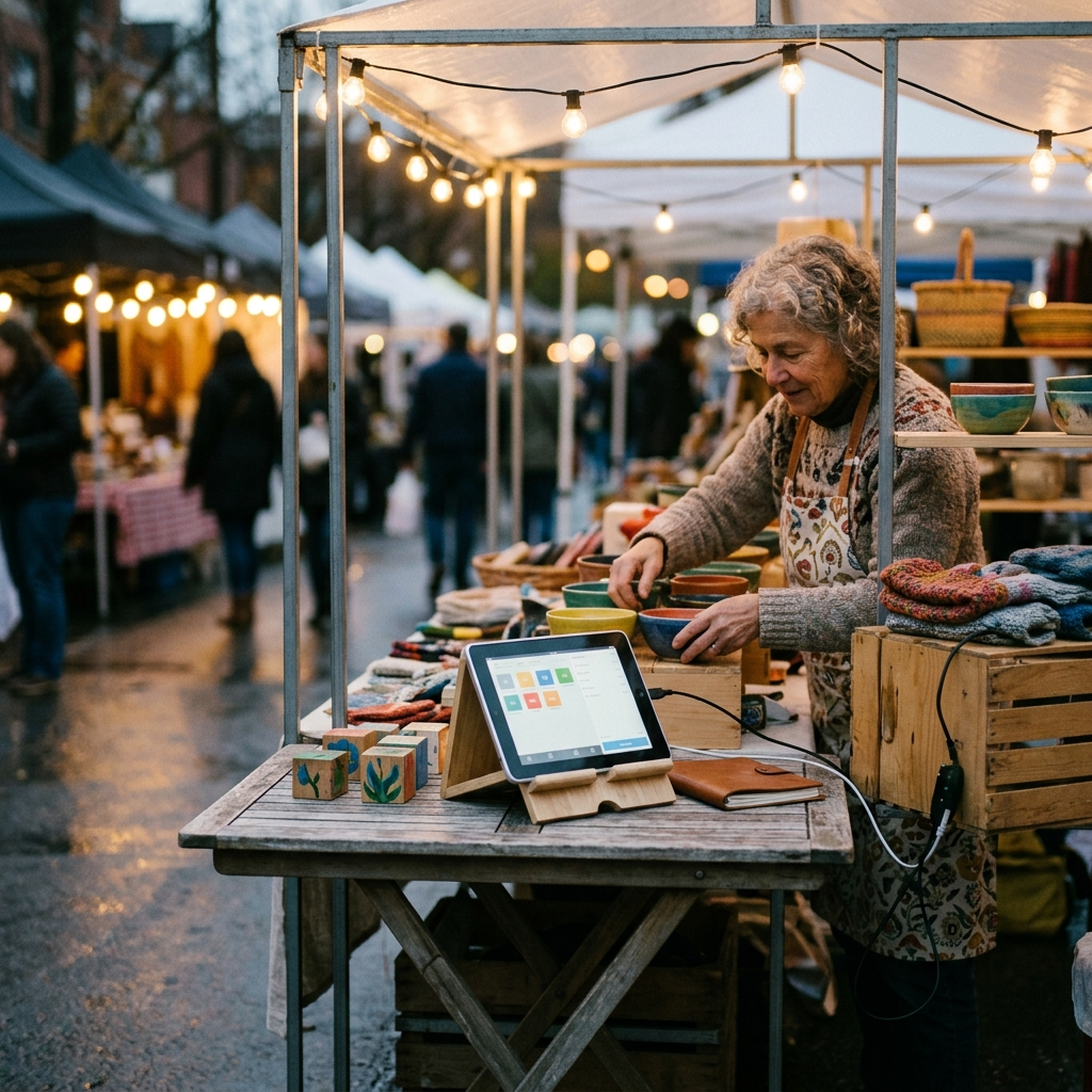 Old tablet plugged in and working as the till at a pop-up market stall