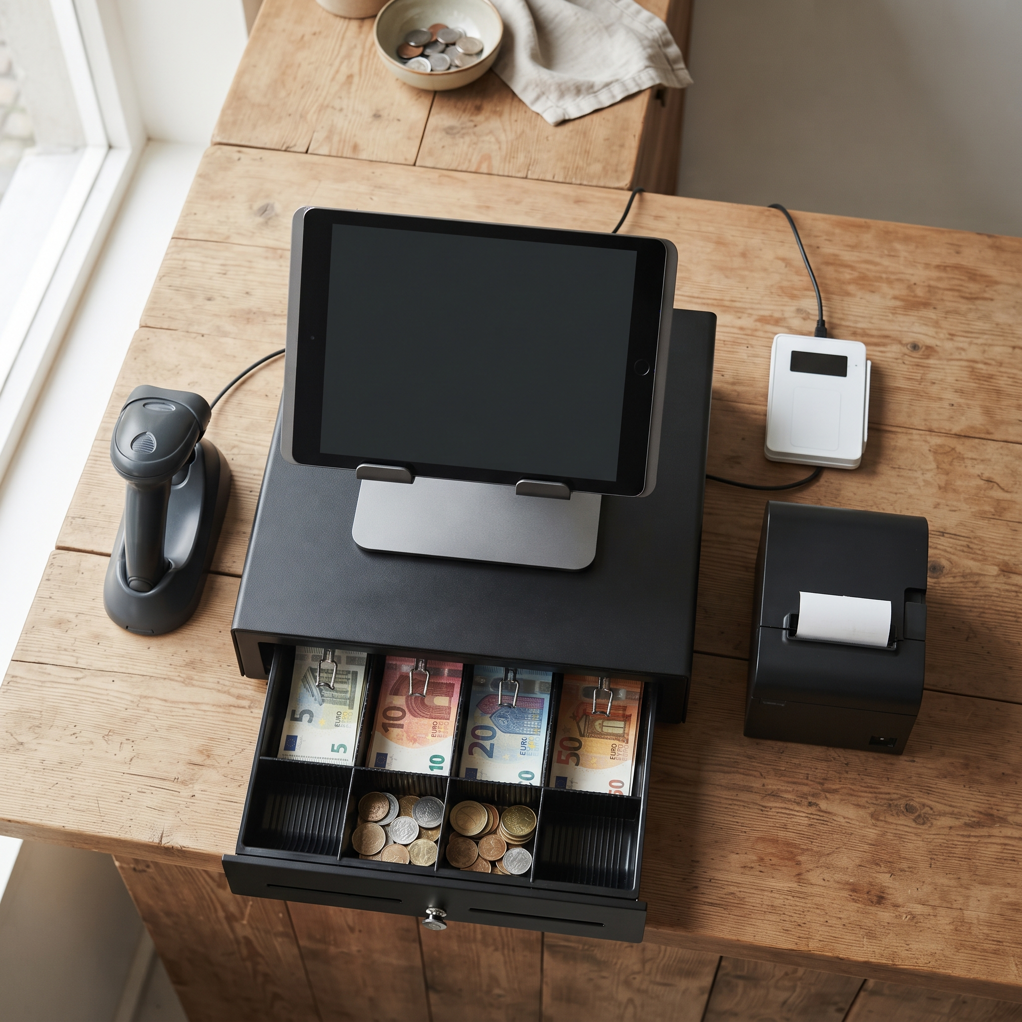 Unbranded POS hardware laid out on a retail counter: tablet, card reader, receipt printer, barcode scanner and cash drawer, the upfront layer of POS system cost