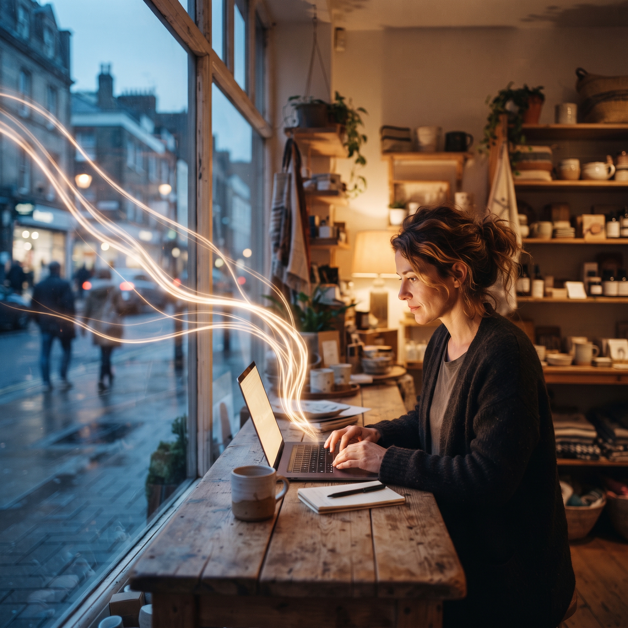 Shop owner at a laptop as light streams flow out of the store, illustrating AI agents reaching a retail platform