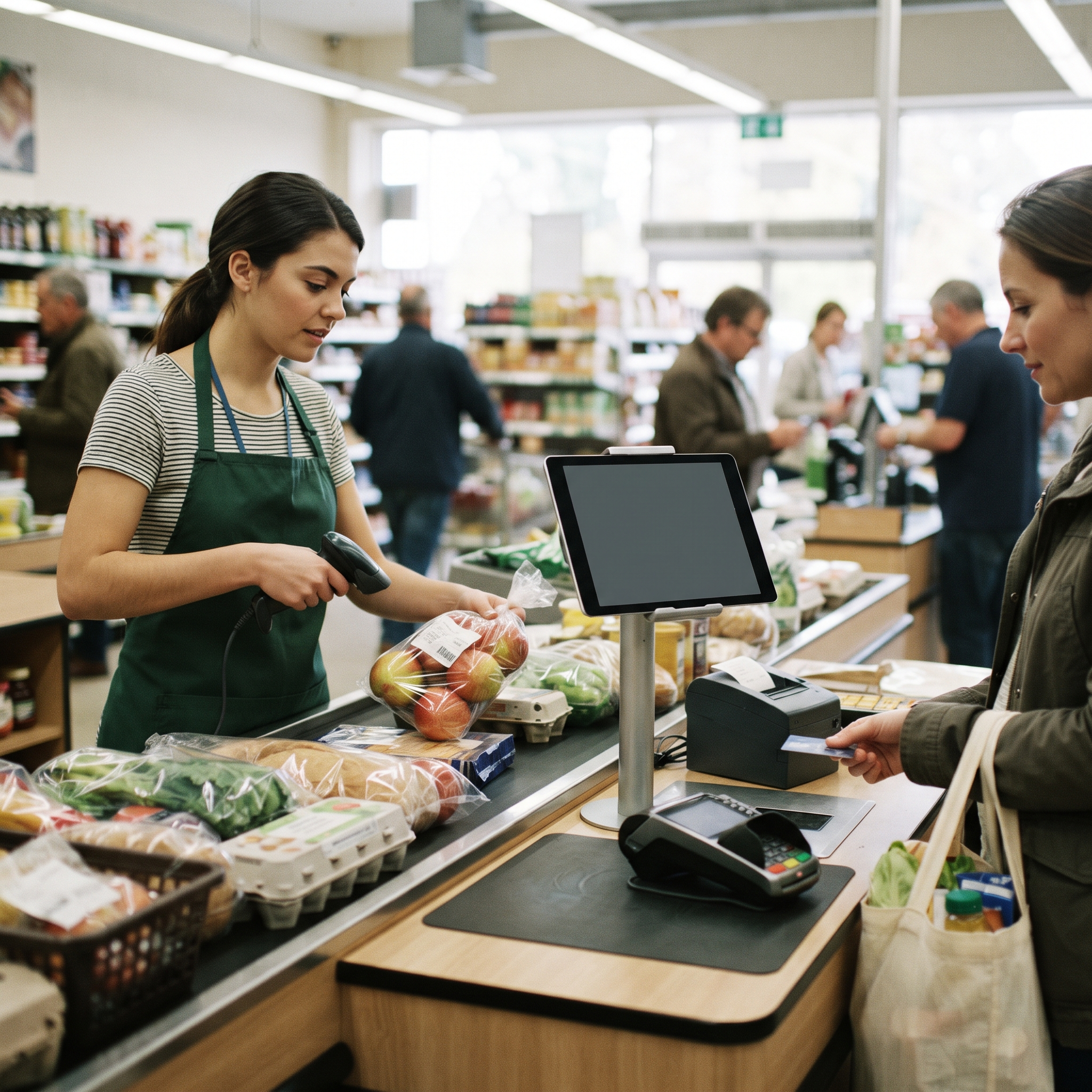 Dedicated point-of-sale counter with register, unbranded payment terminal, scanner and printer, the setup a busy WooCommerce store syncs to