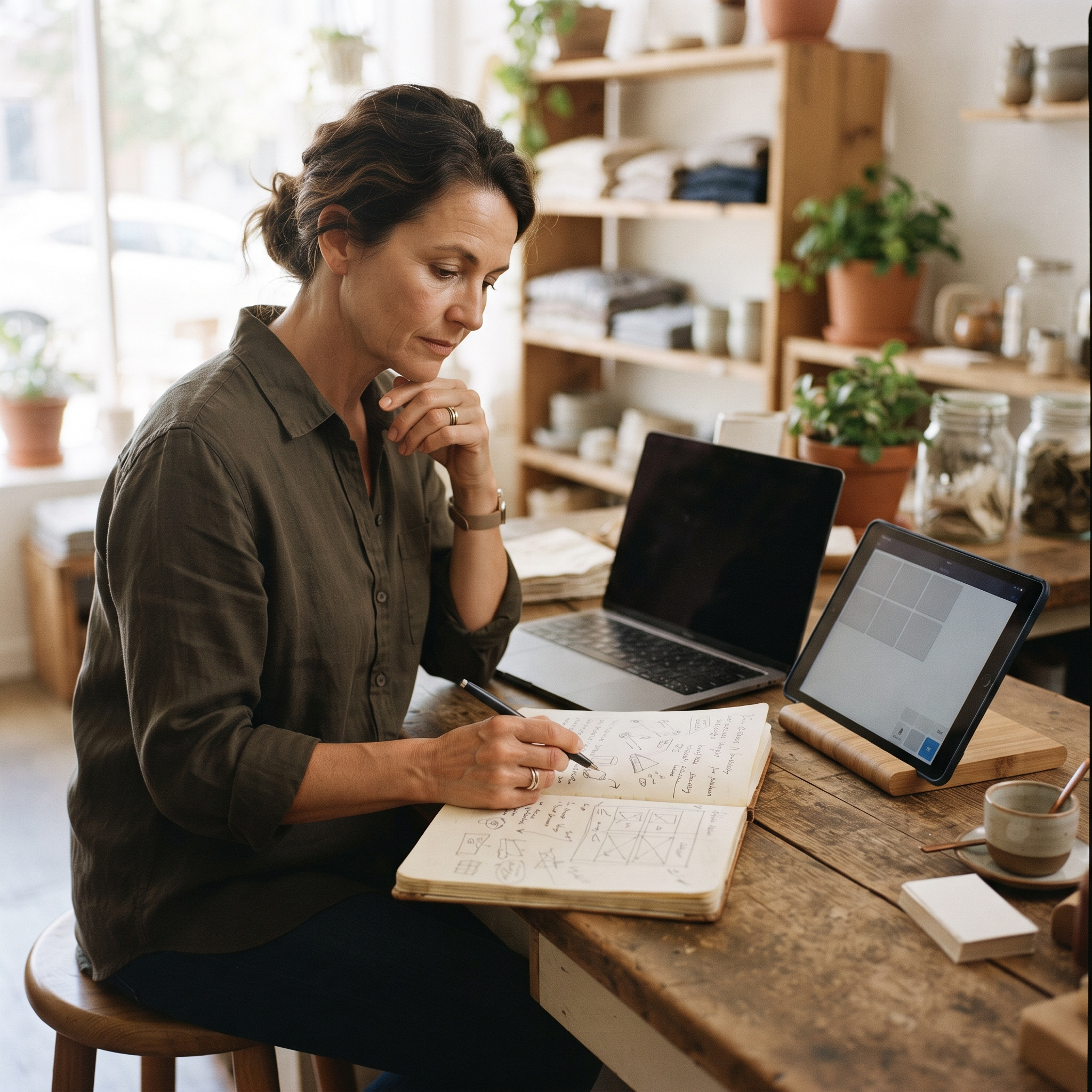 Shop owner sketching a POS layout plan in a notebook beside a tablet at a retail counter