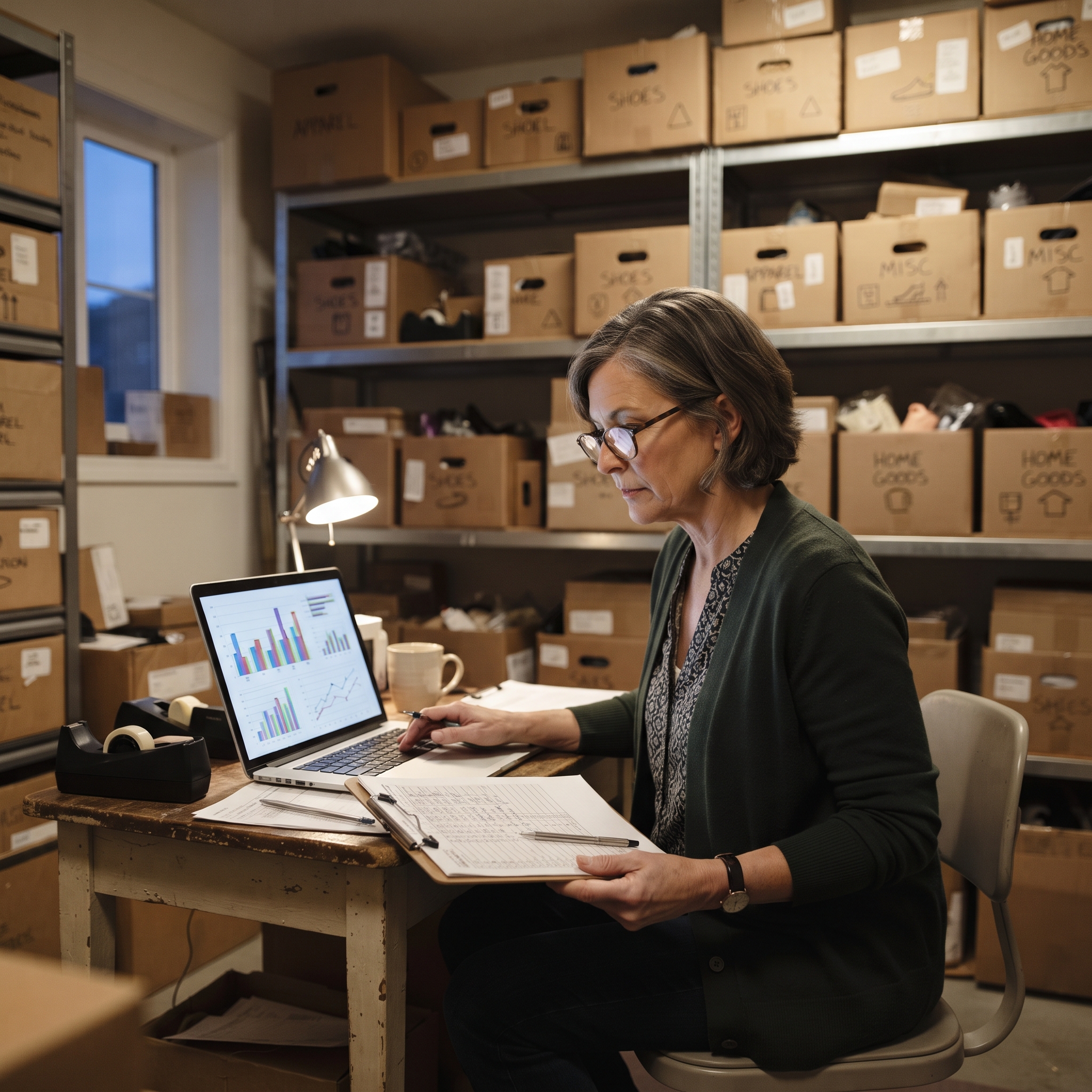 Retail owner reviewing sales reports and stock counts in the second month of a new store