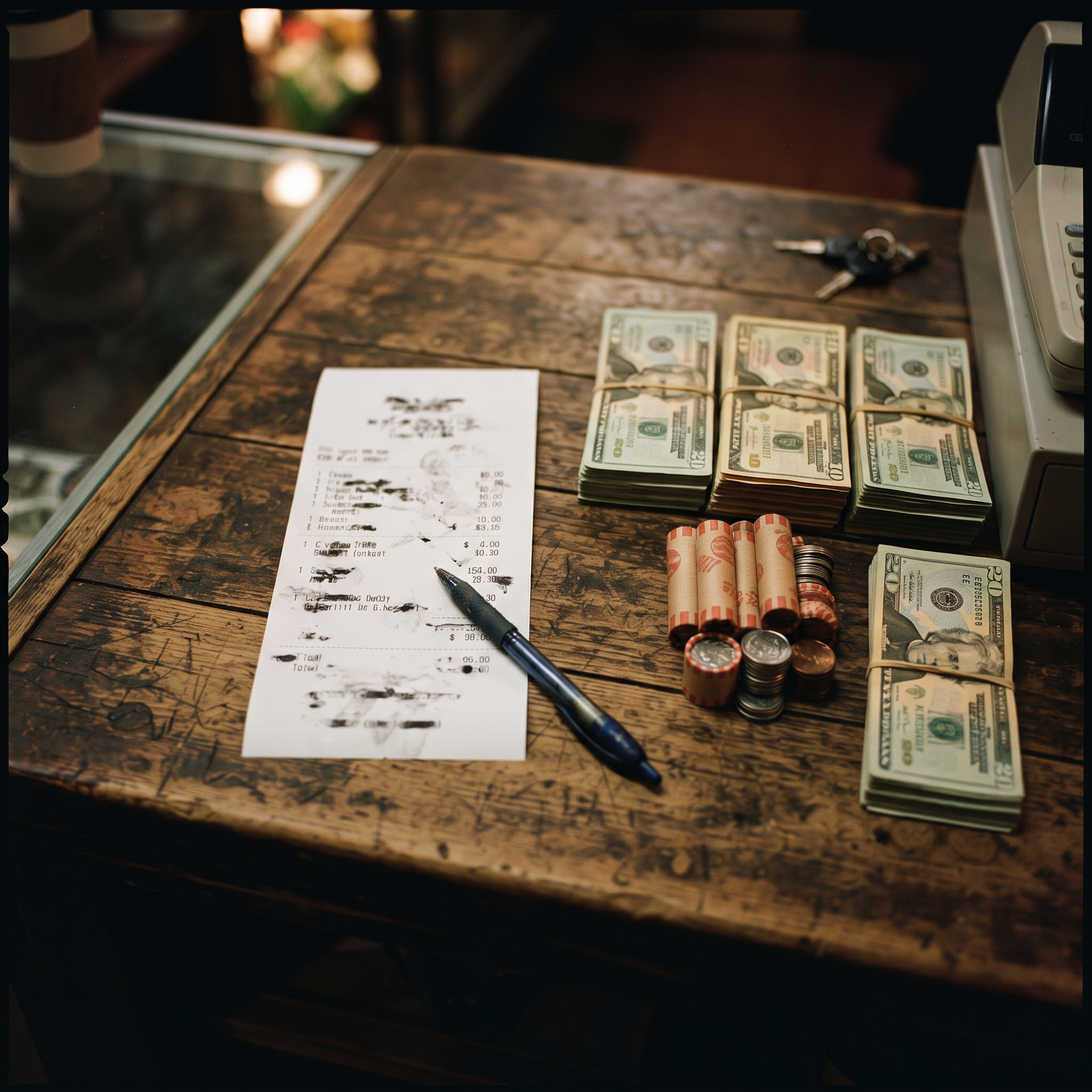 Closing report beside counted cash stacks, where the over or short line shows whether the till balances
