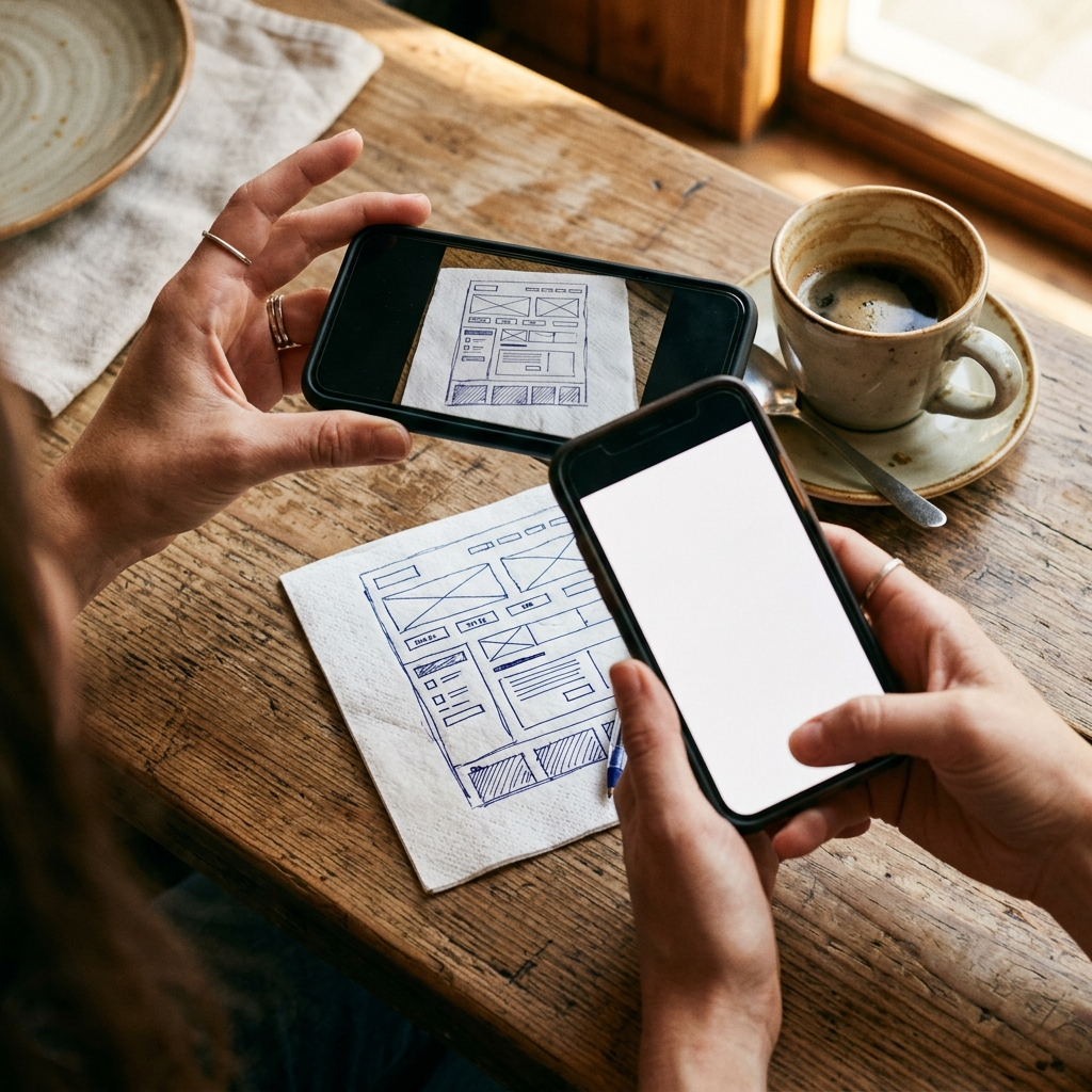 Photographing a napkin sketch wireframe to upload into the AI builder