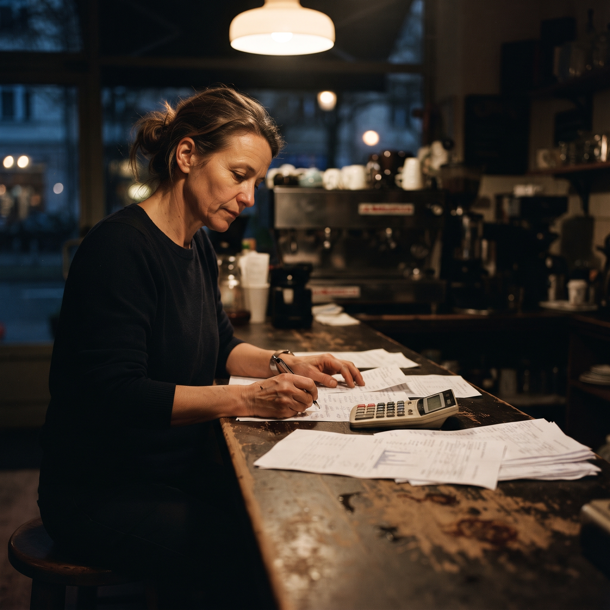 Cafe owner totalling card processing statements with a calculator after closing, hunting for the hidden fees in her POS system cost