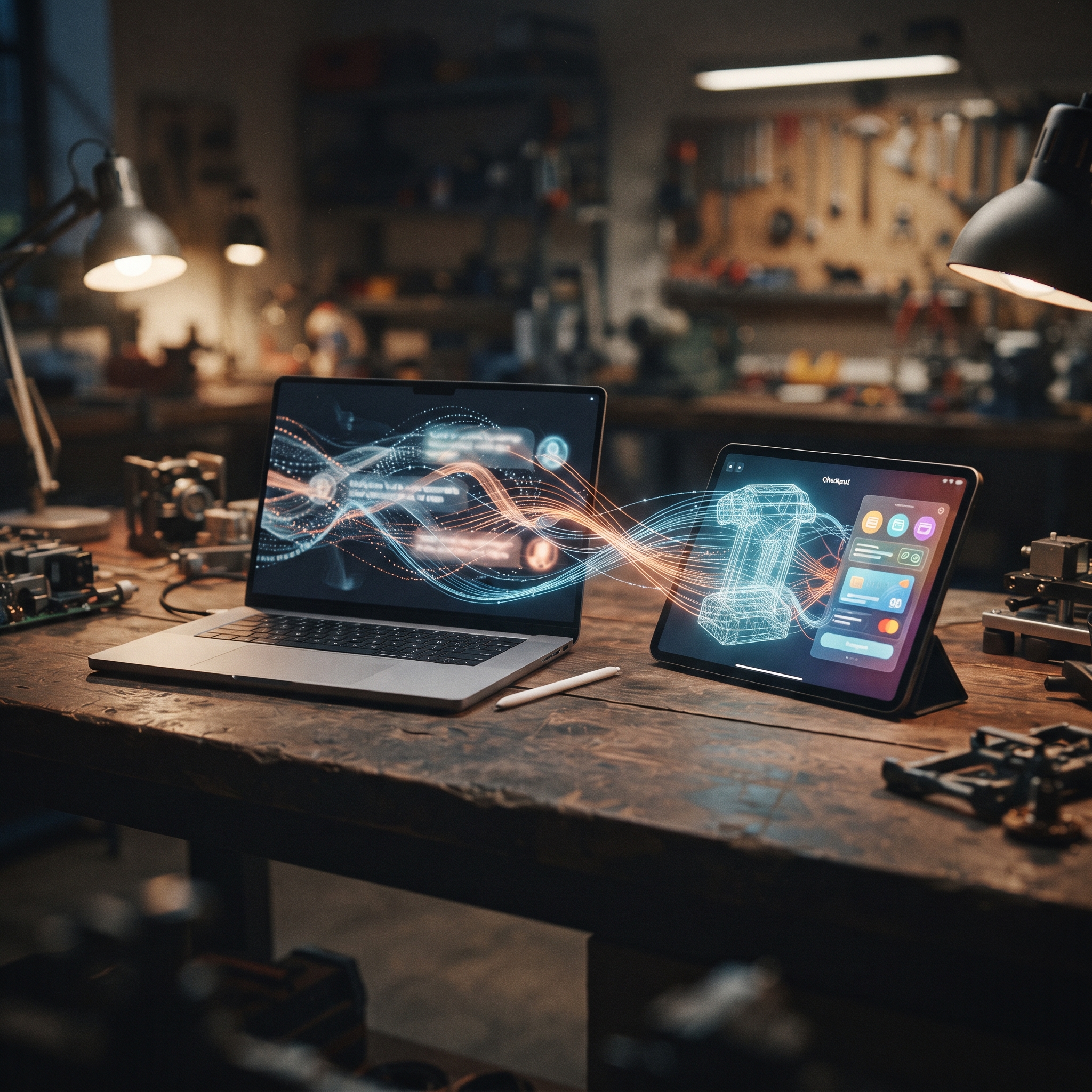 An AI tool on a laptop building a POS checkout flow on a tablet through a live preview, the way a POS an AI can build comes together