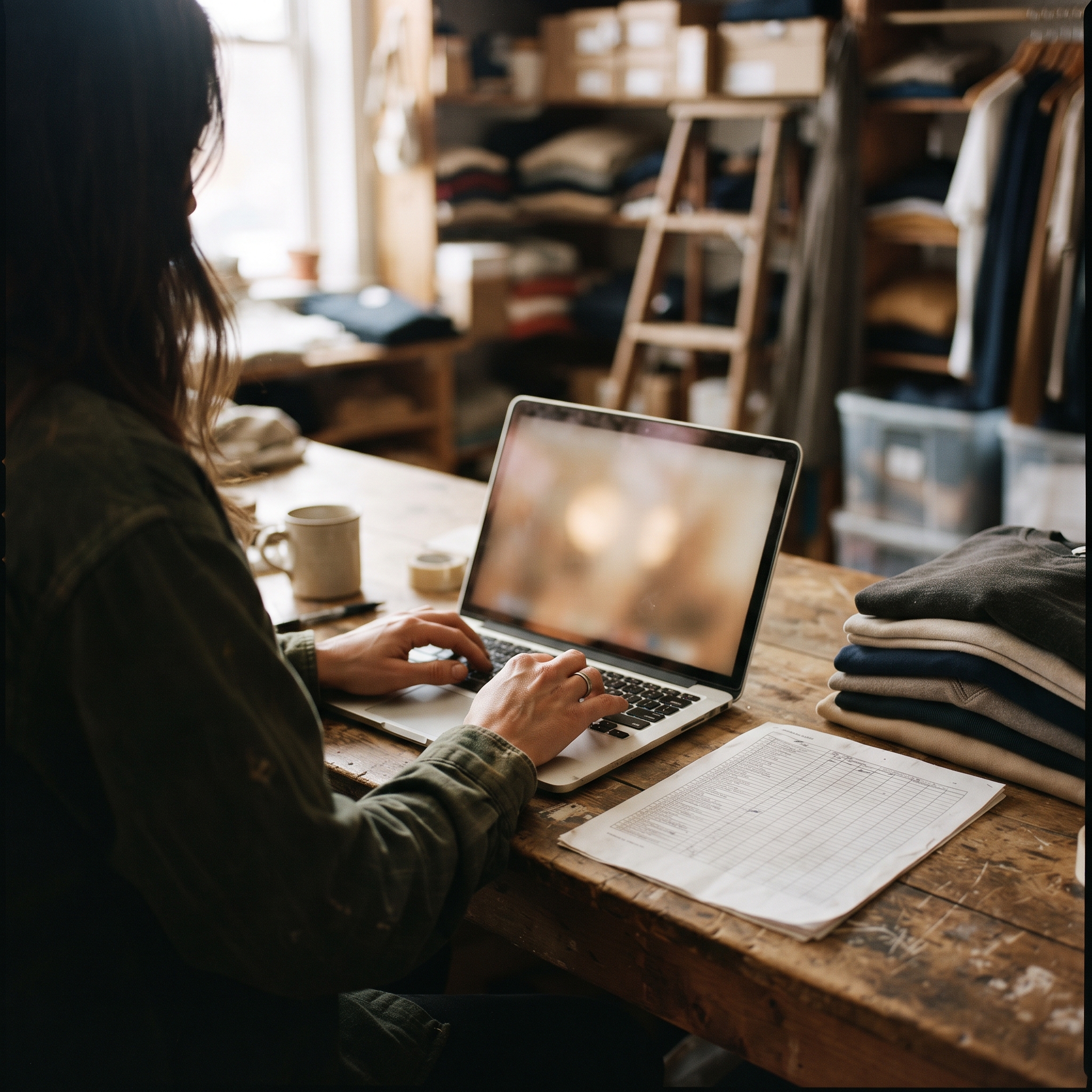 Shop owner typing product descriptions on a laptop beside a supplier spreadsheet and folded garments