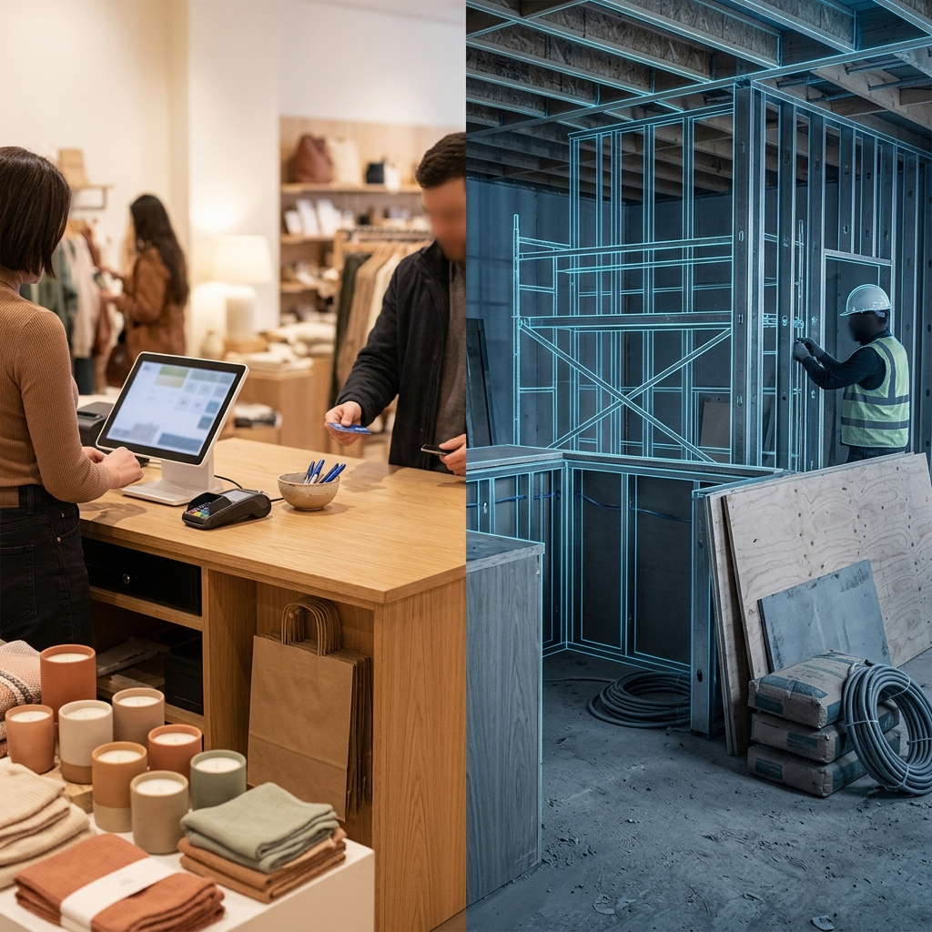 Split scene of a finished checkout beside one under construction in wireframe light, showing operate versus build MCP tiers