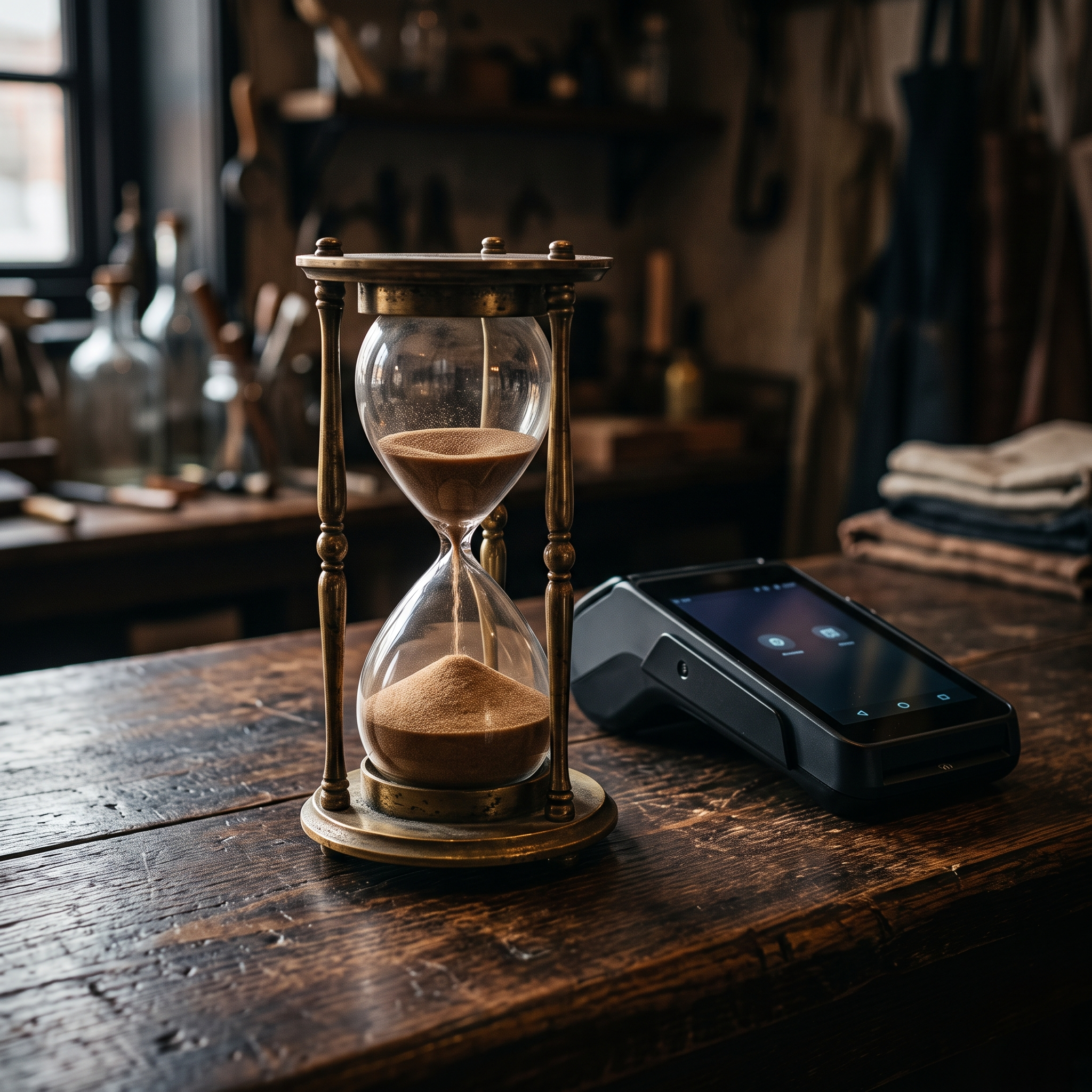 Hourglass running low beside a card payment terminal, marking the Claude Fable 5 promo deadline