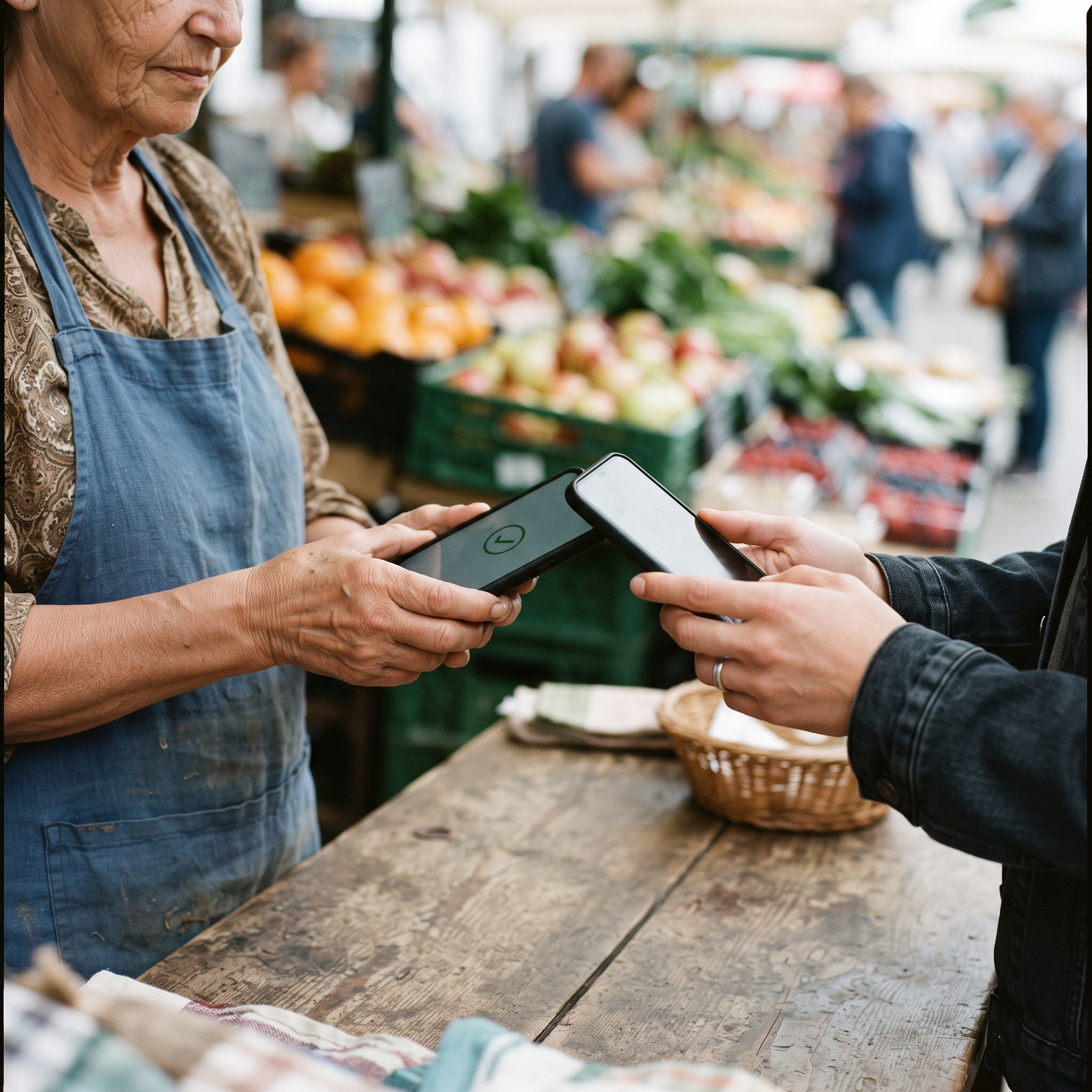 Customer taps their phone on a merchant's phone to pay contactlessly at a market stall