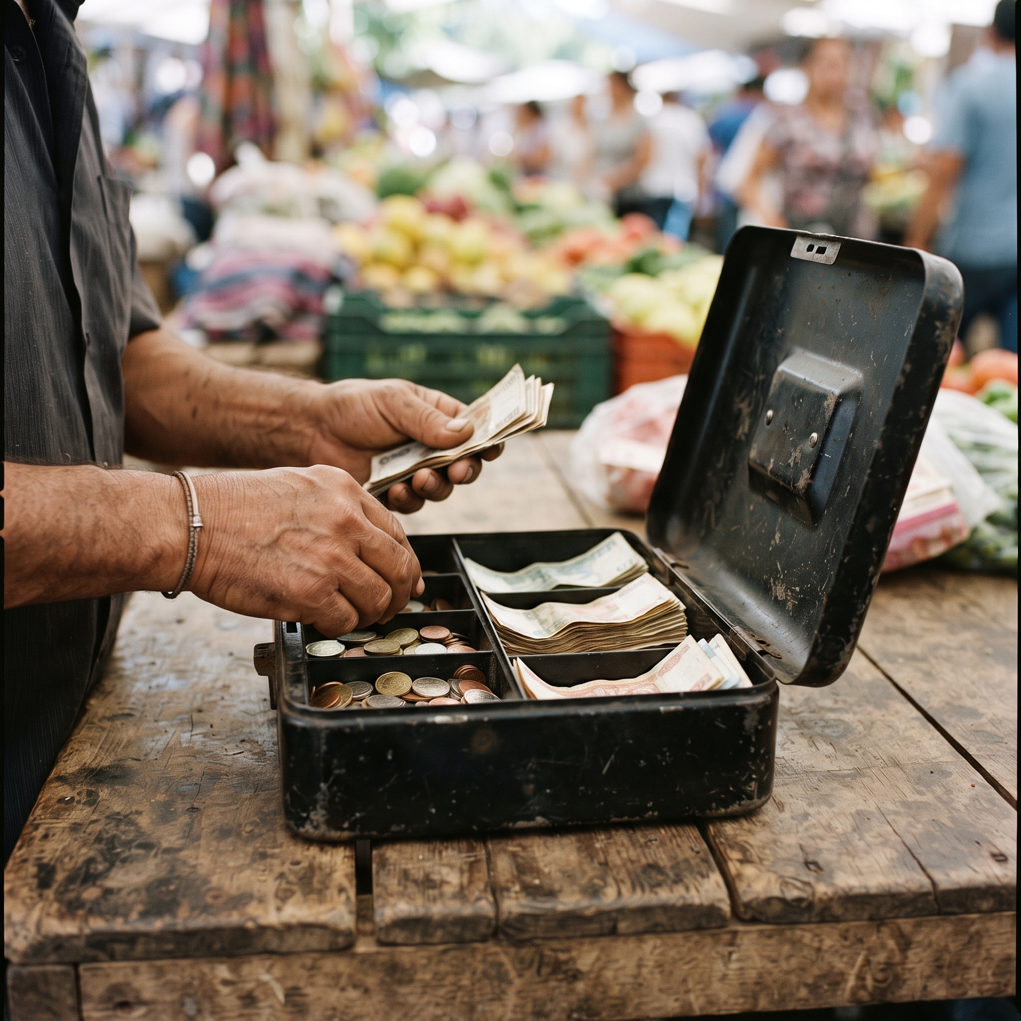 Hands counting cash into a metal cash box at a market stall