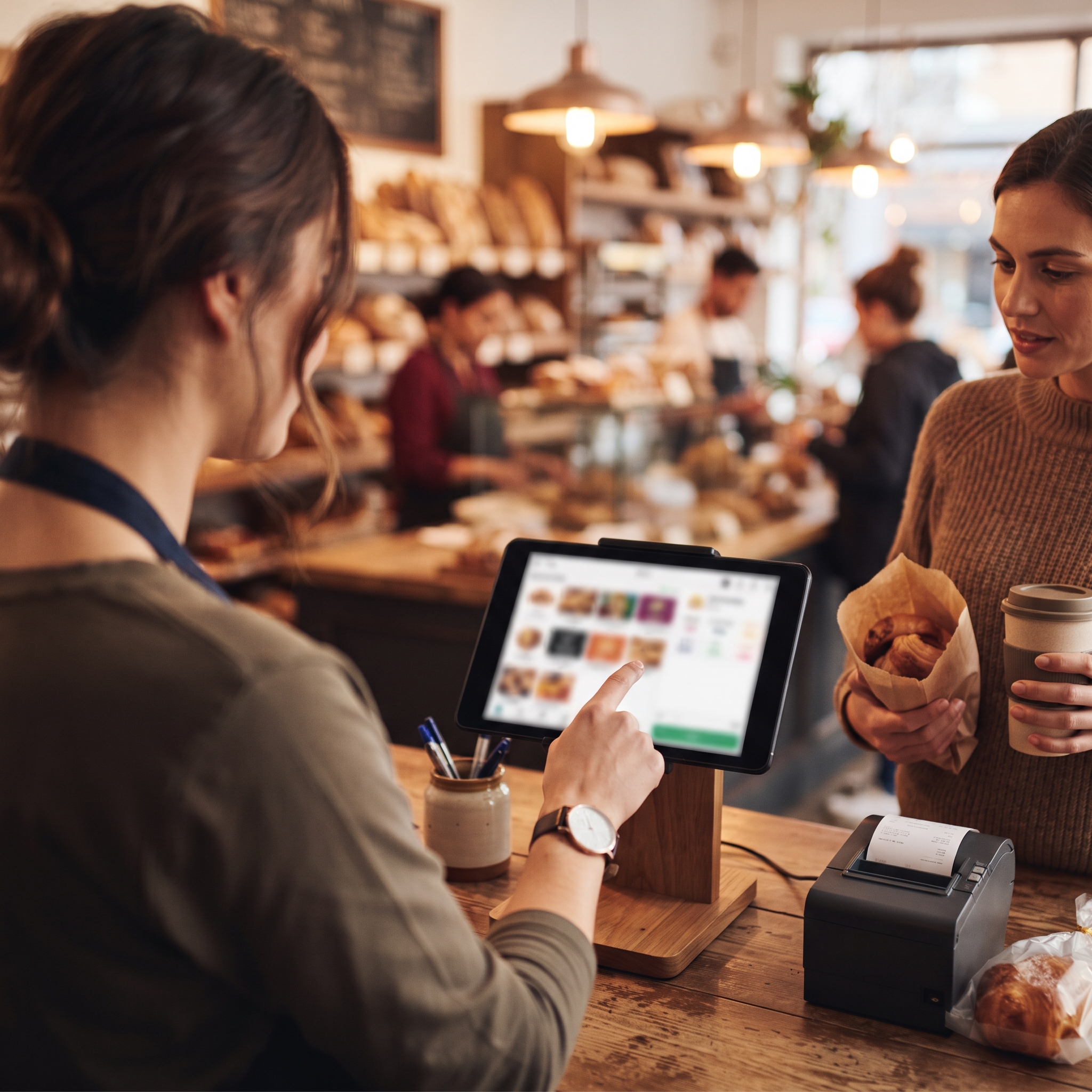 Cashier ringing up a best seller with one tap on a product grid, a small checkout UX change that cuts seconds