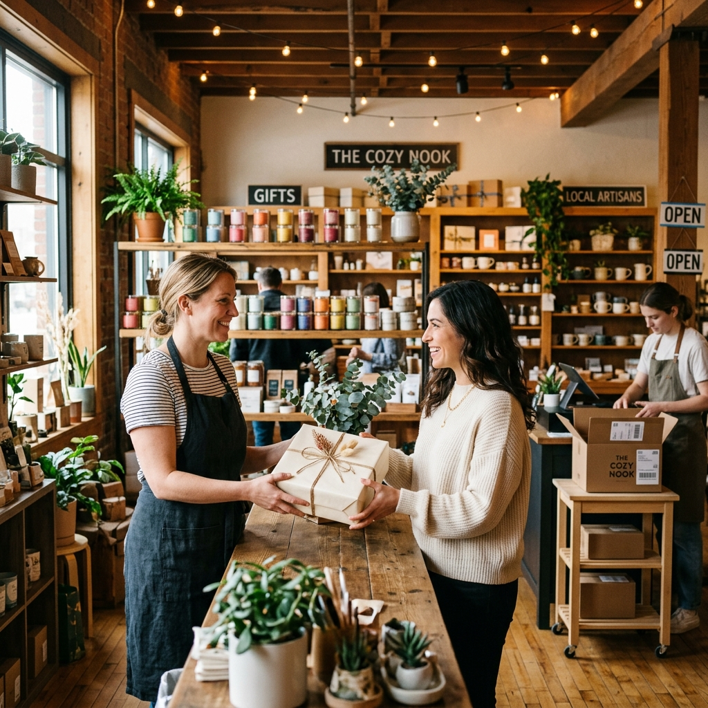 A gift shop owner handing a wrapped gift to a customer while a staff member packs an online order at the point of sale