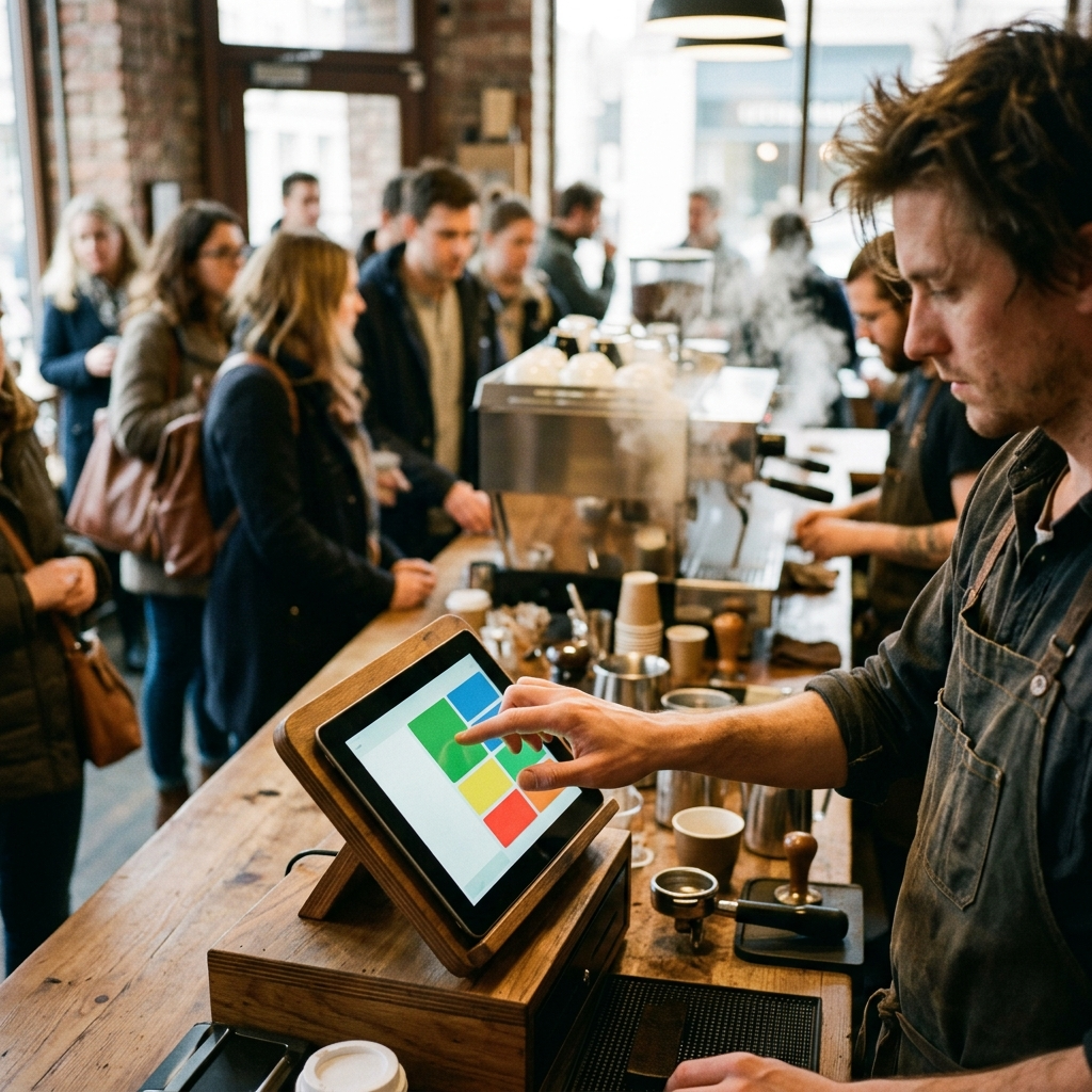 Cashier tapping a tablet POS layout with large buttons during a busy morning rush at a coffee bar
