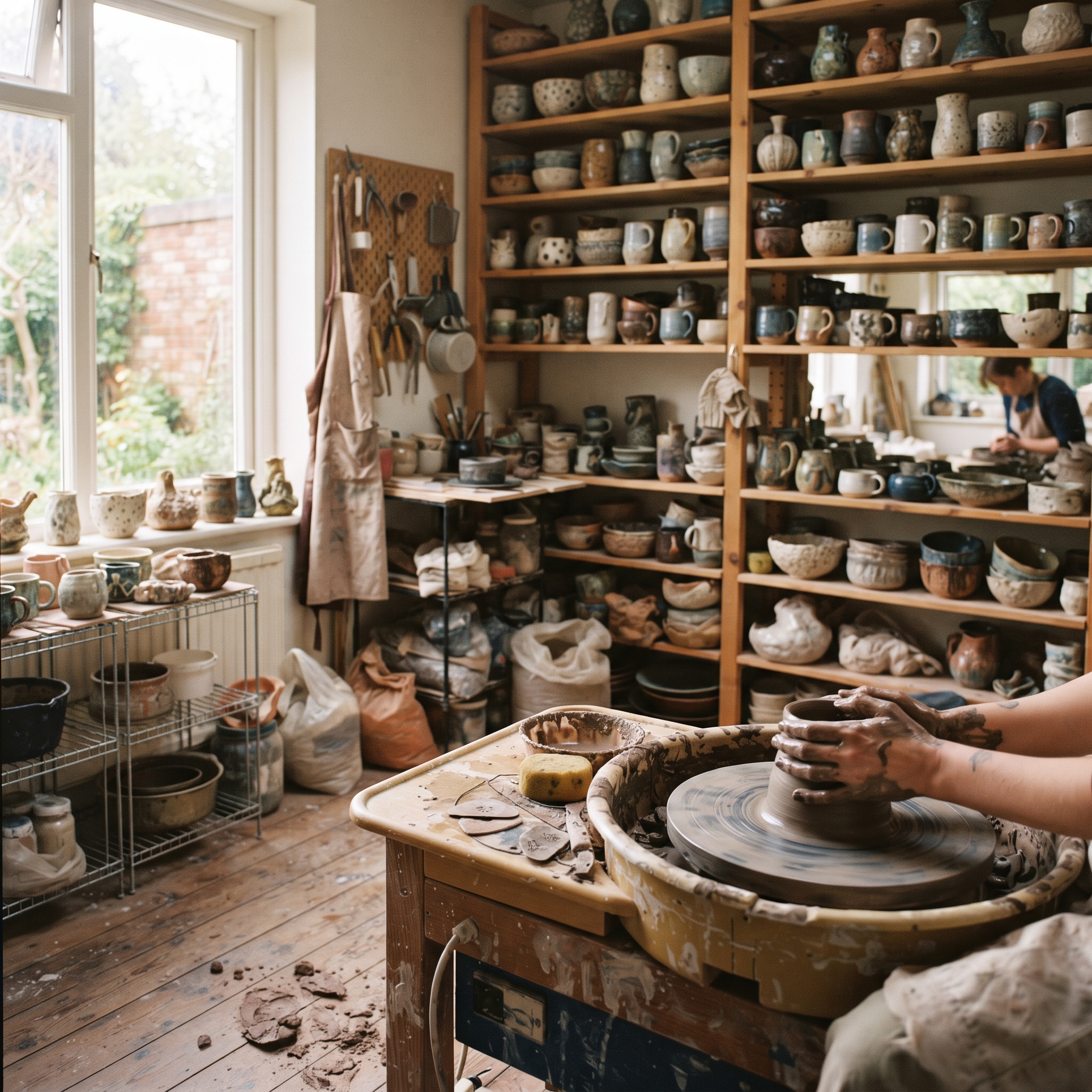 A pottery studio full of distinct handmade pieces, a metaphor for the unlimited creativity of prompt-based checkout flows