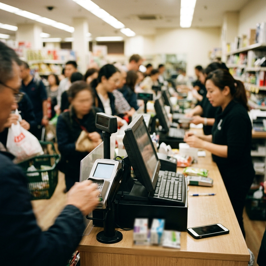 Busy retail counter with a dedicated unbranded payment terminal, with a phone POS nearby