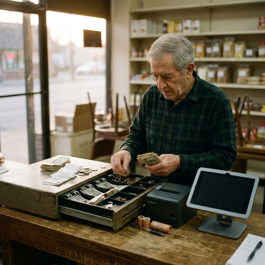 Shopkeeper counting the cash drawer during the first end-of-day close on a new POS