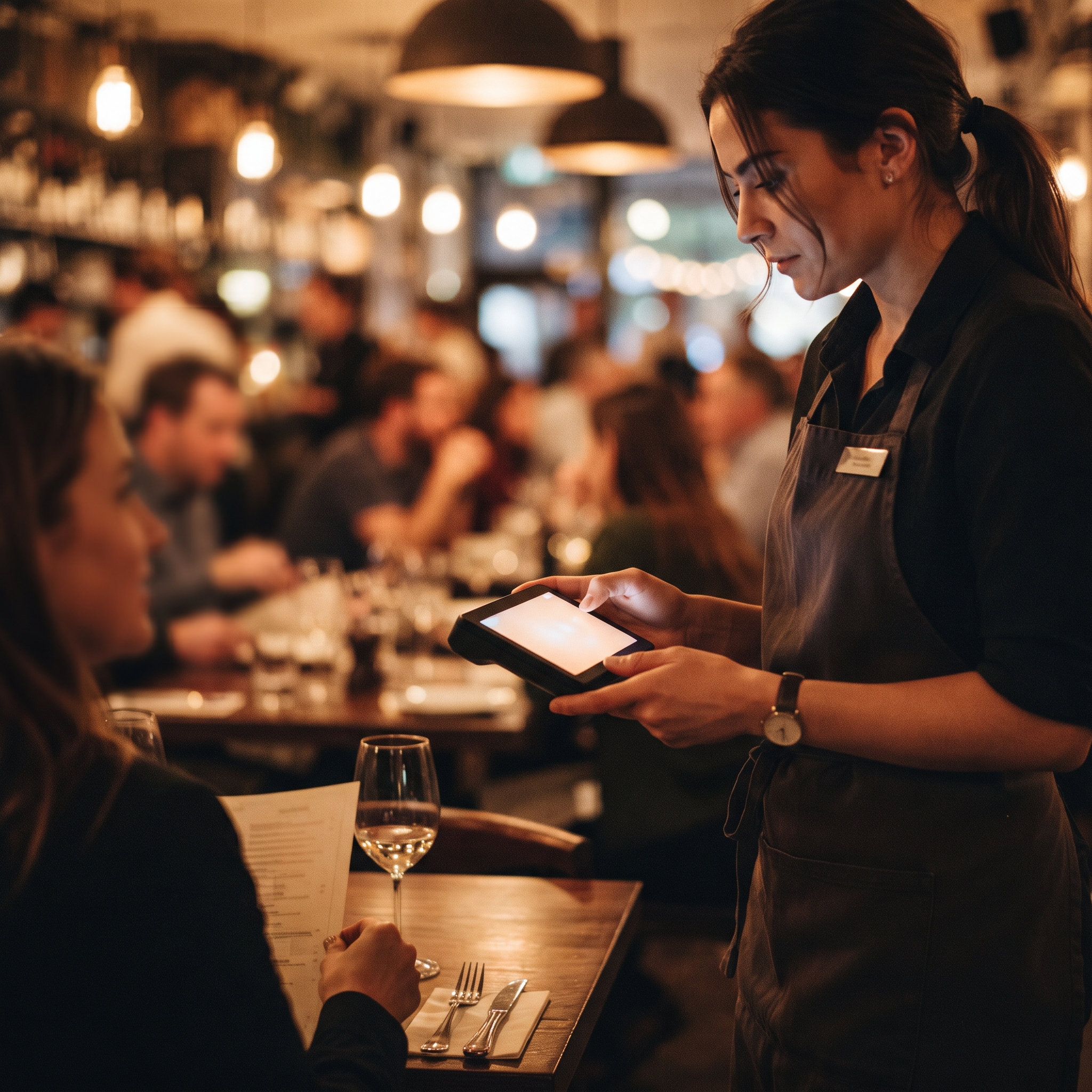Handheld checkout device in use on a restaurant floor
