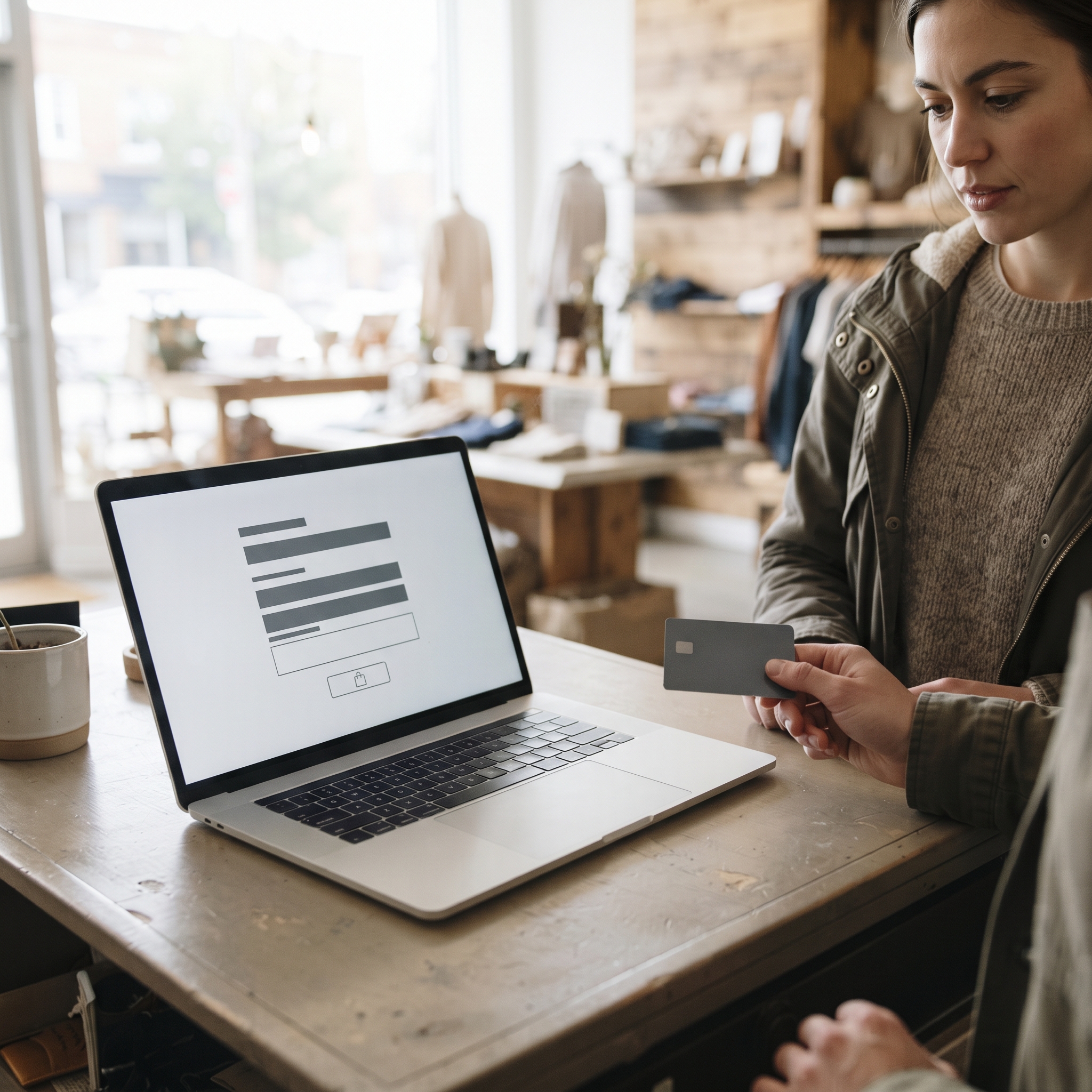 Online card form on a laptop at a store counter while a customer holds a debit card with no terminal to tap, the web checkout gap for Interac debit