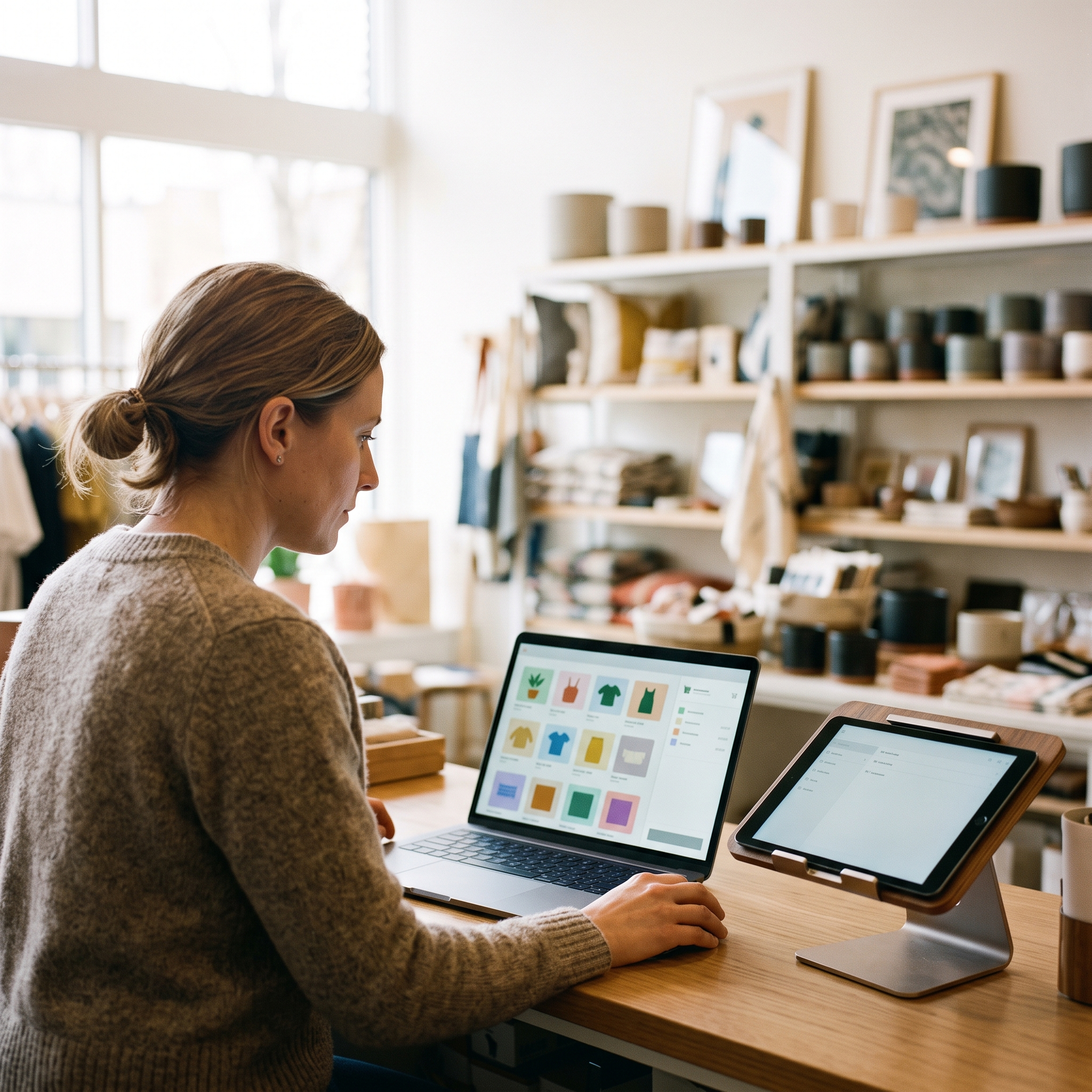 A shop owner designing a point-of-sale checkout app on a laptop next to a POS tablet
