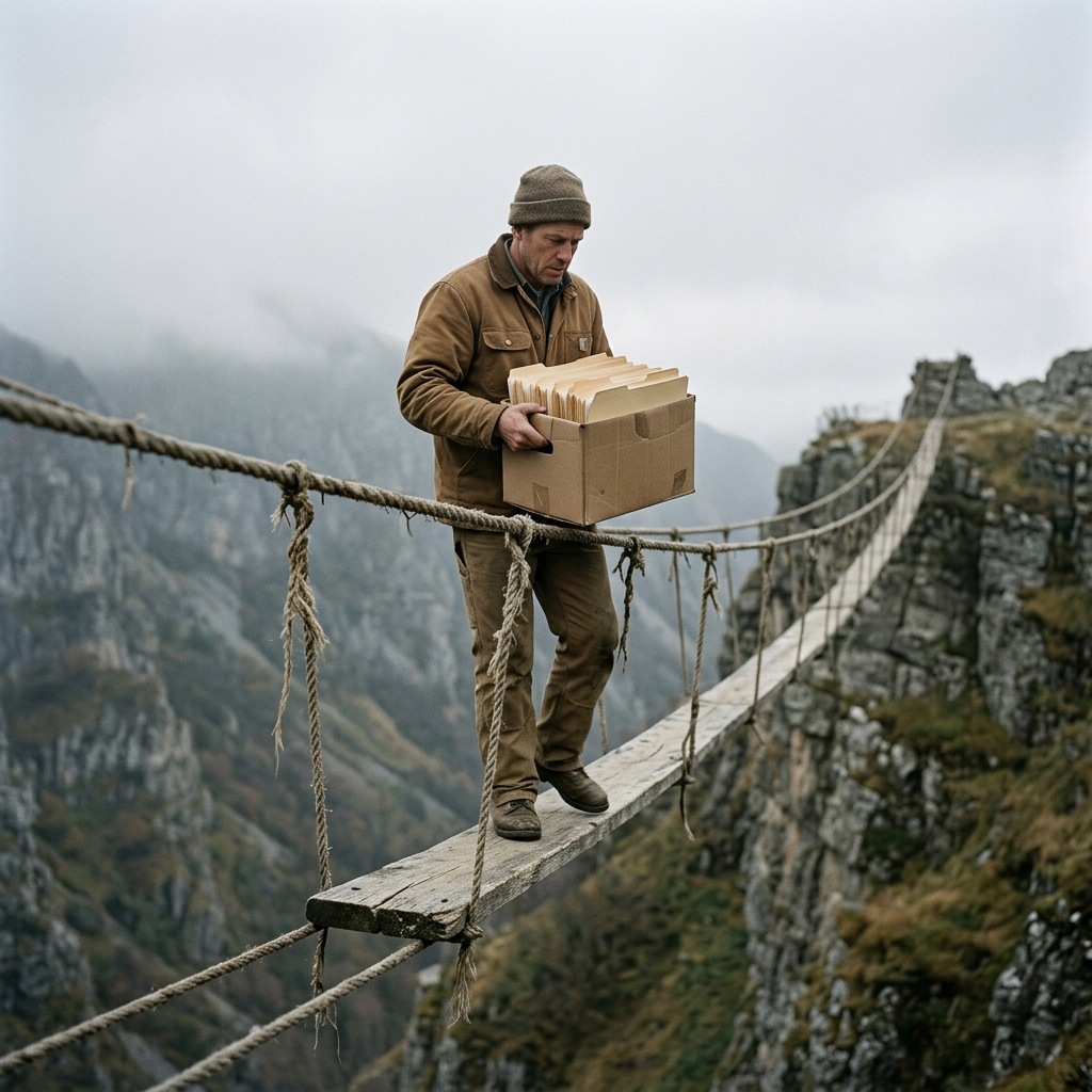 One person carrying files across a fragile bridge, like a reporting pipeline that depends on a single employee