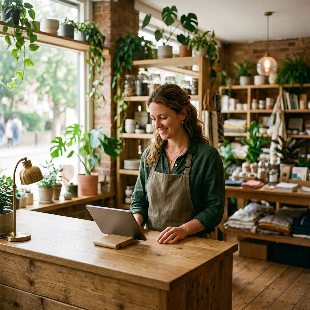 Shop owner checking live POS reporting on a tablet in the morning instead of rebuilding spreadsheets