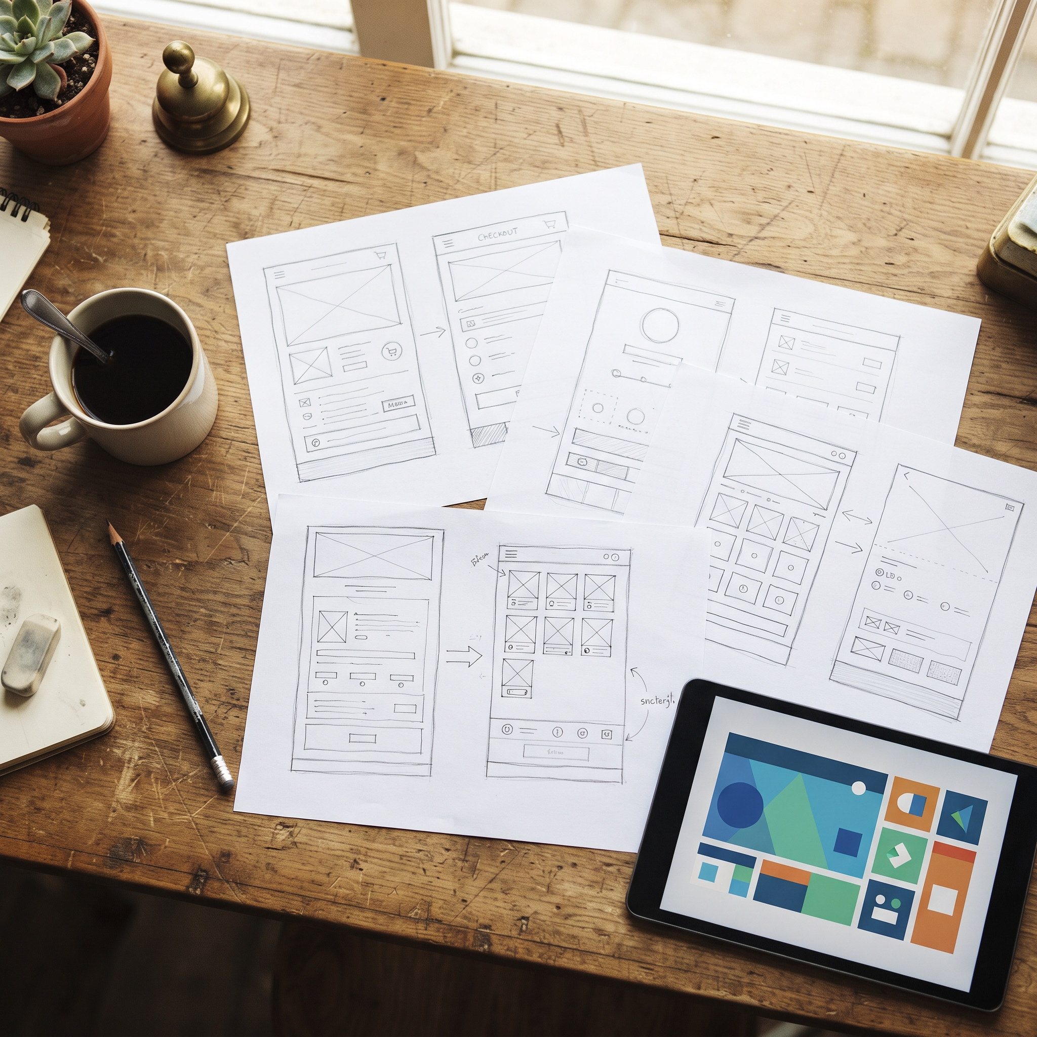 Shop owner sketching custom checkout layouts on paper, the frontend layer of a headless POS