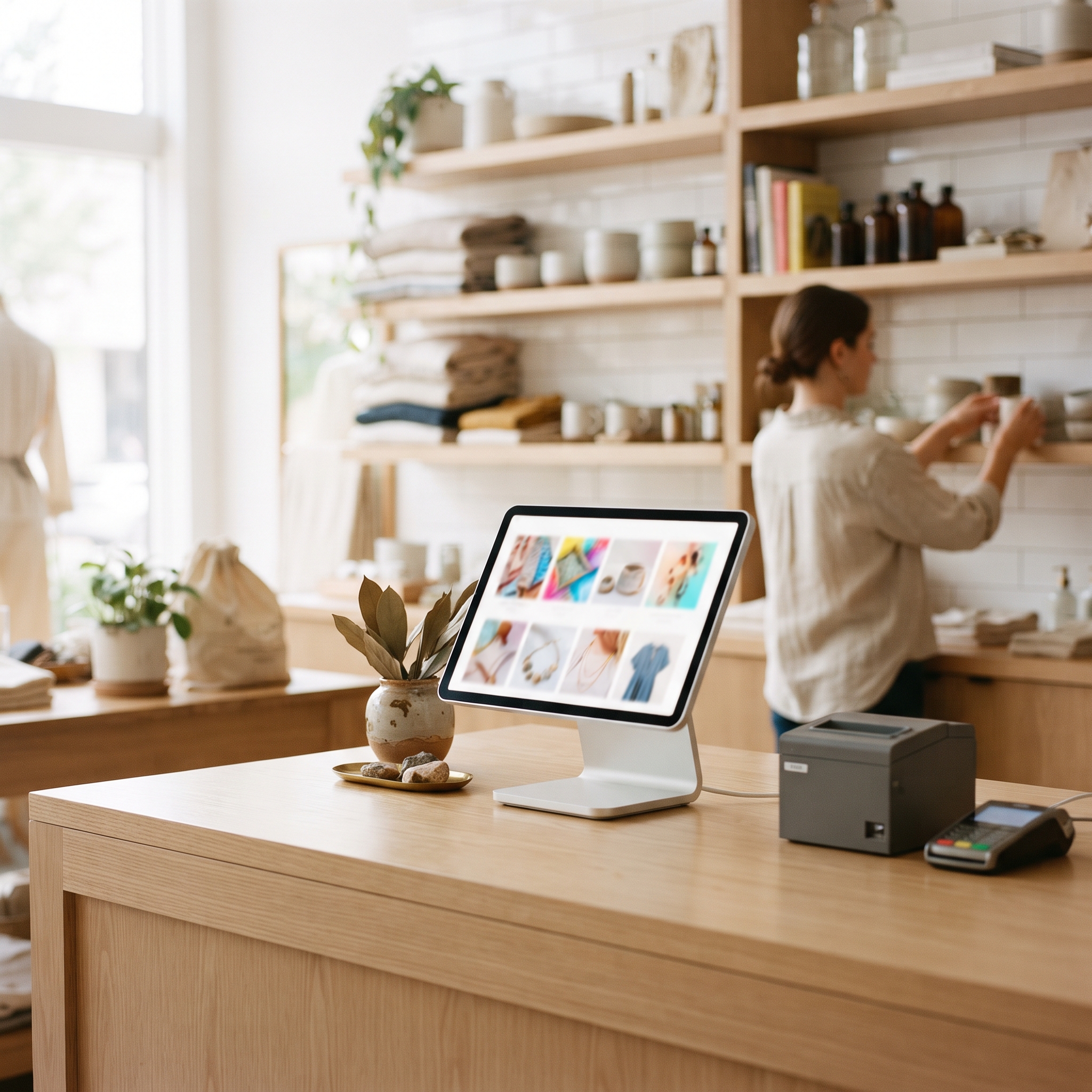 Pantalla orientada al cliente inactiva mostrando promociones de productos en el mostrador de una tienda