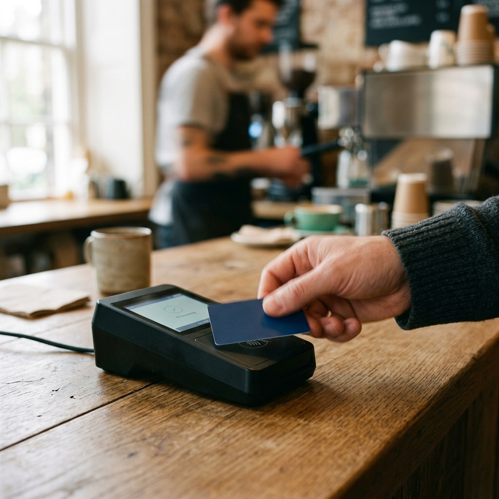 Hand tapping a card on an unbranded payment reader, the fastest step in checkout UX