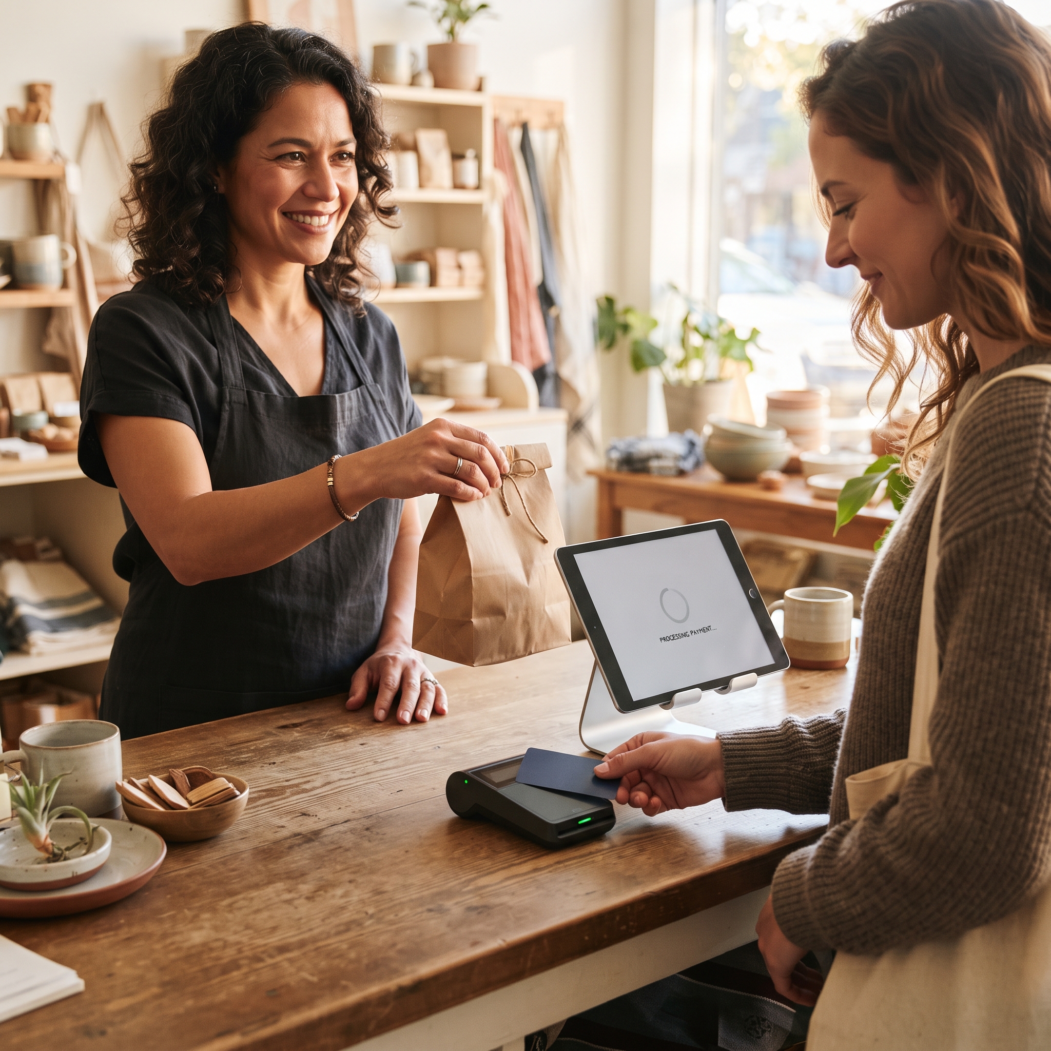 Store owner taking a tap payment on a card reader during a new retail business's first month