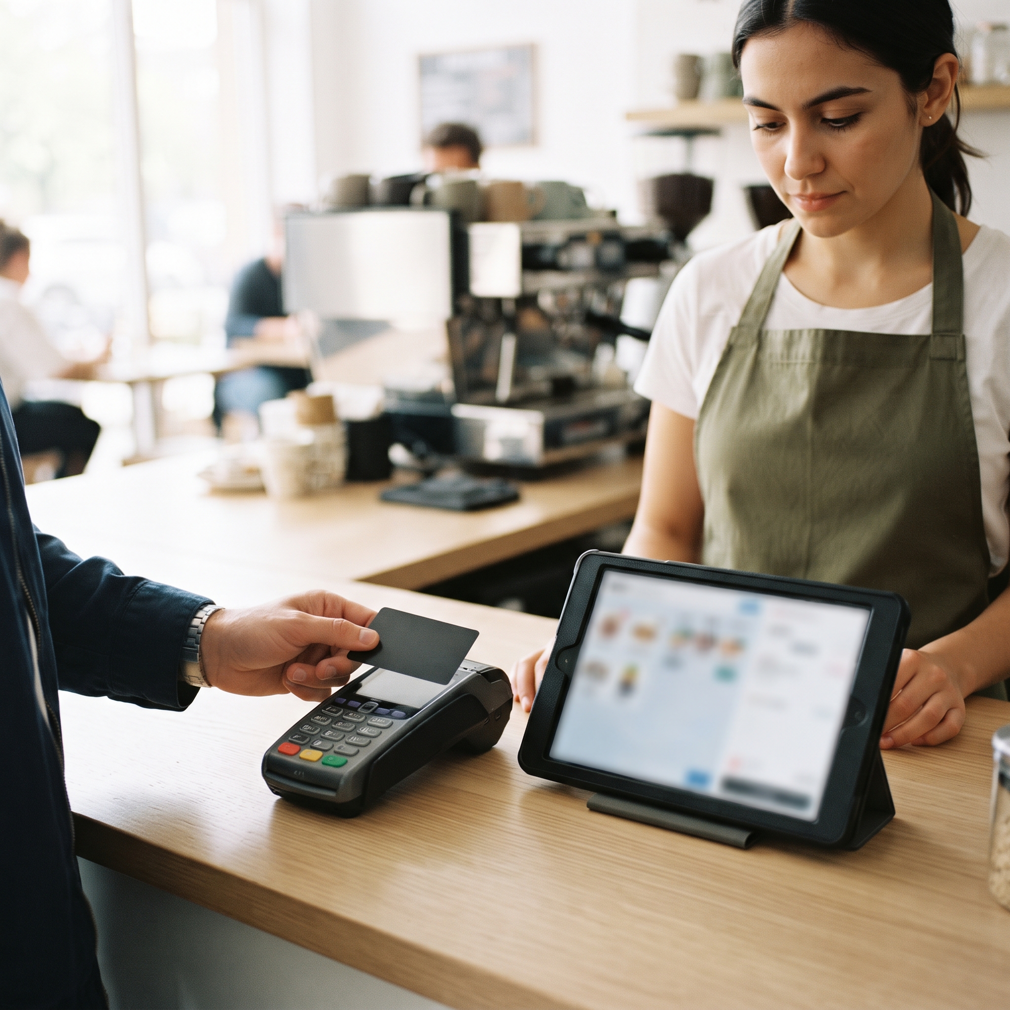 Customer tapping a card on a certified payment terminal separate from the shop's custom checkout tablet