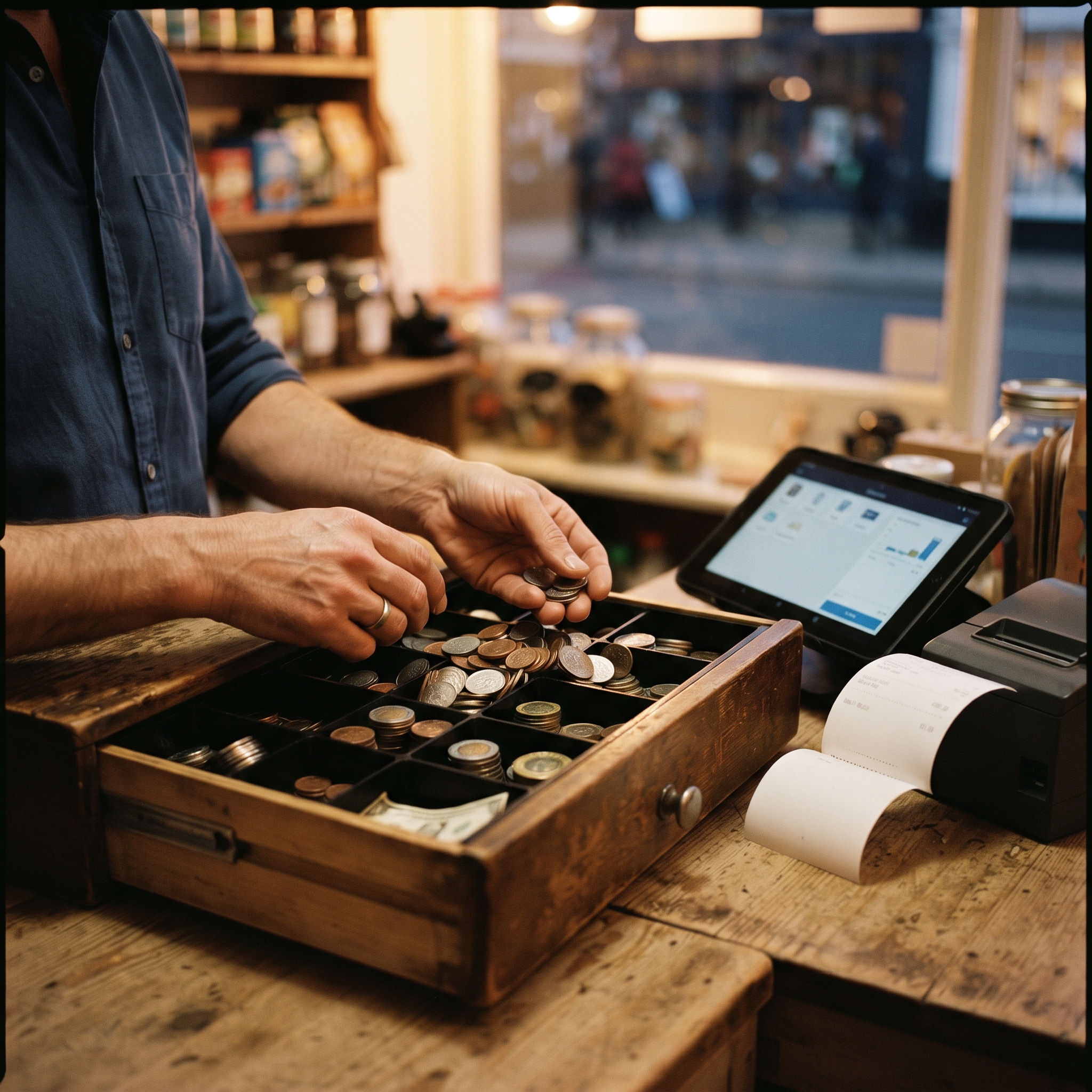 Cashier counting change over an open cash drawer with a receipt beside a tablet till, the reconciliation AI checkout code gets wrong