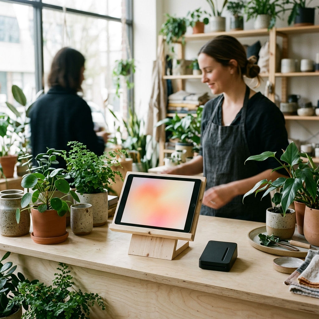 Unbranded tablet checkout at a plant shop counter, the kind of custom POS an AI can now build