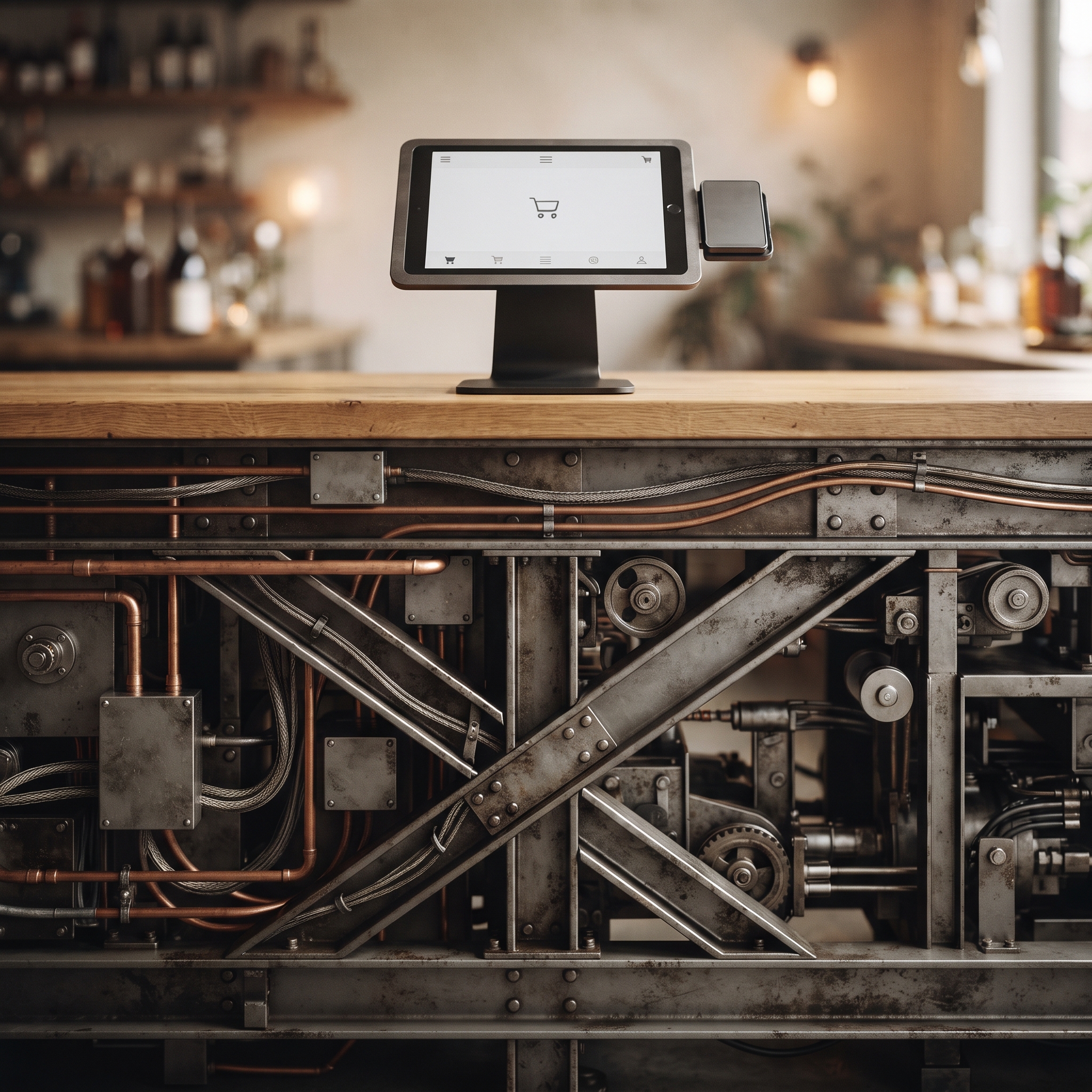 Simple tablet checkout resting on a heavy engineered layer beneath the counter, the fix for designing a checkout with AI