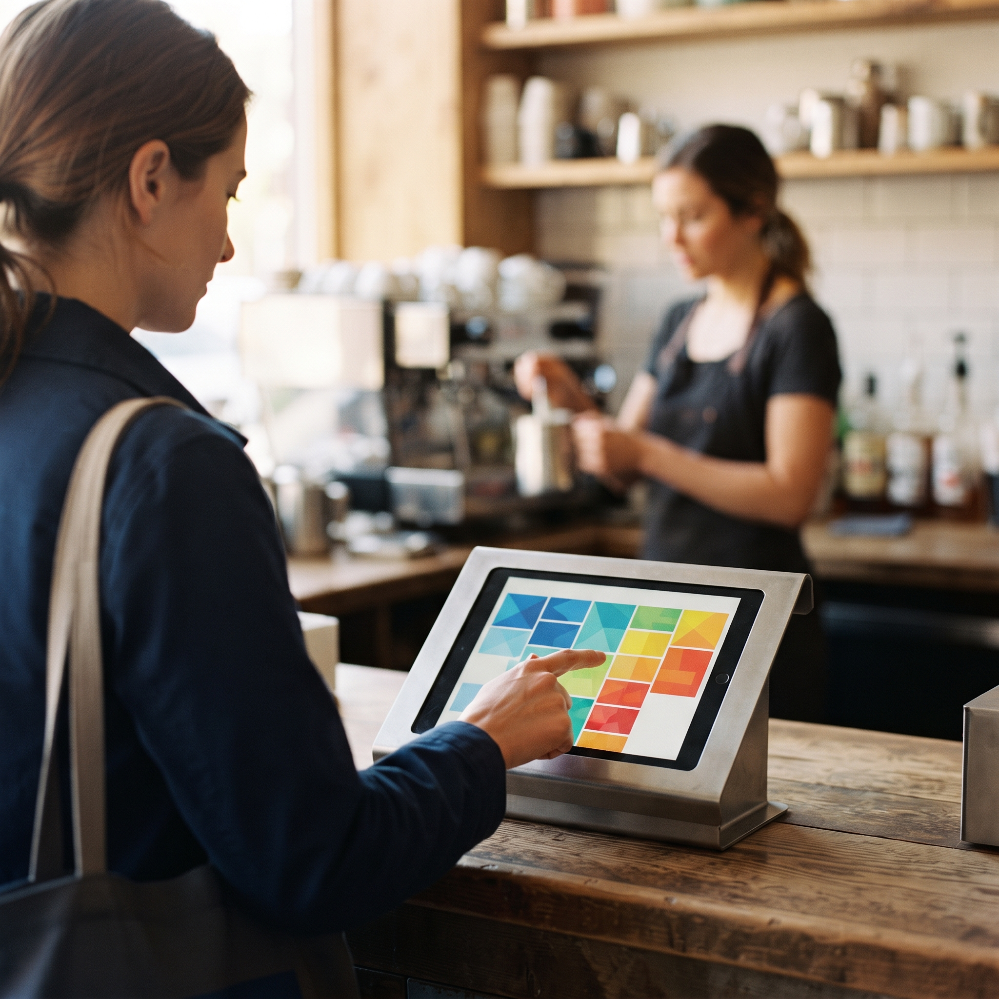 Customer tapping a self-serve order screen at a cafe counter