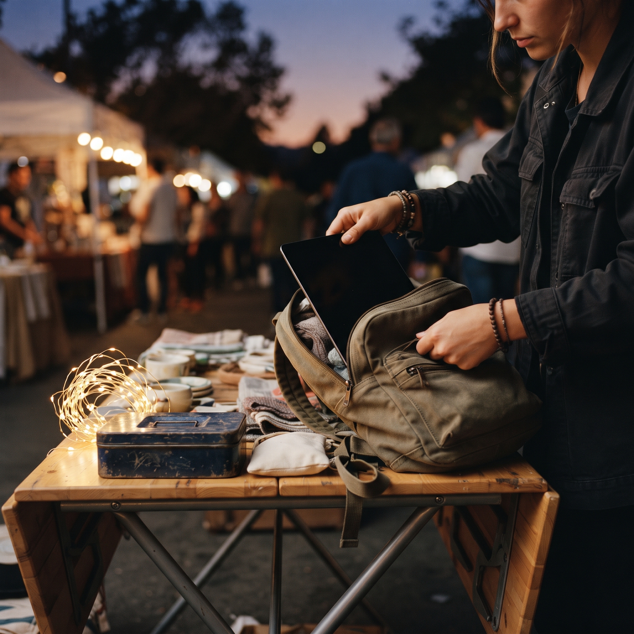 A vendor packing a pop-up shop into a backpack at dusk, tablet and lights going into the bag