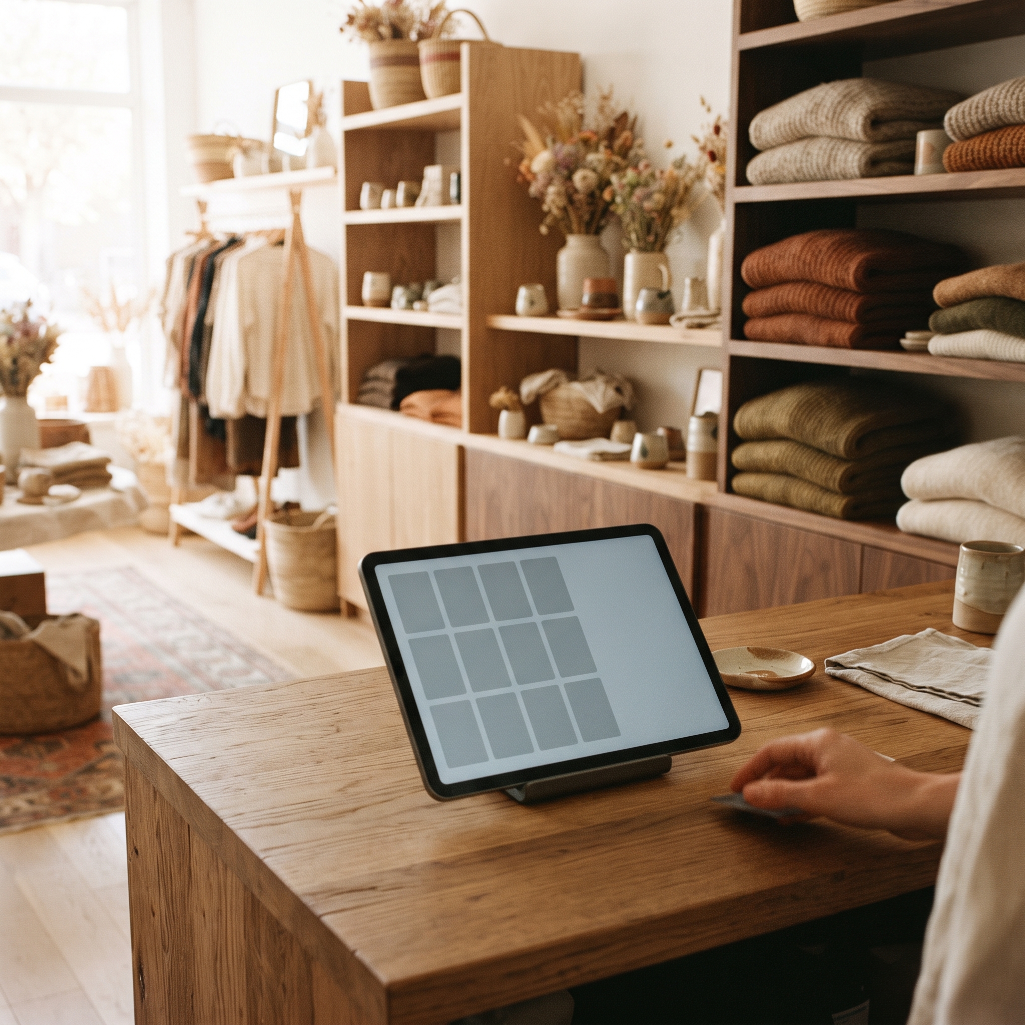 Generic gray grid checkout screen clashing with a warm curated boutique interior