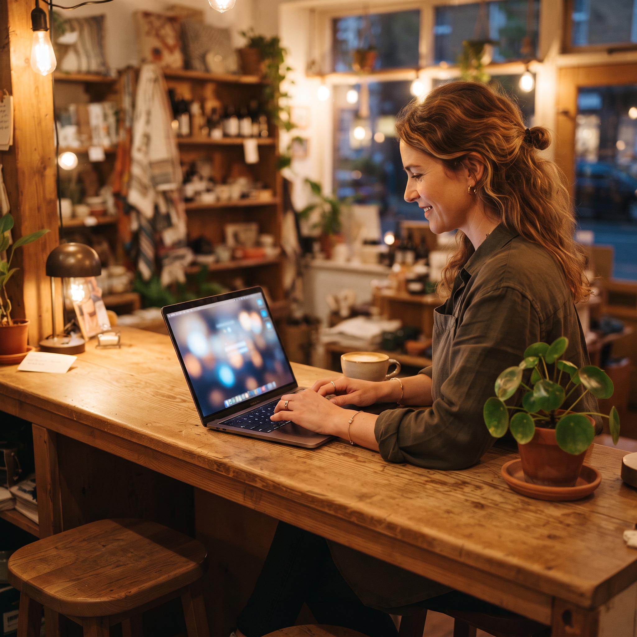 Shop owner describing a checkout flow on a laptop, building an AI POS flow by prompt