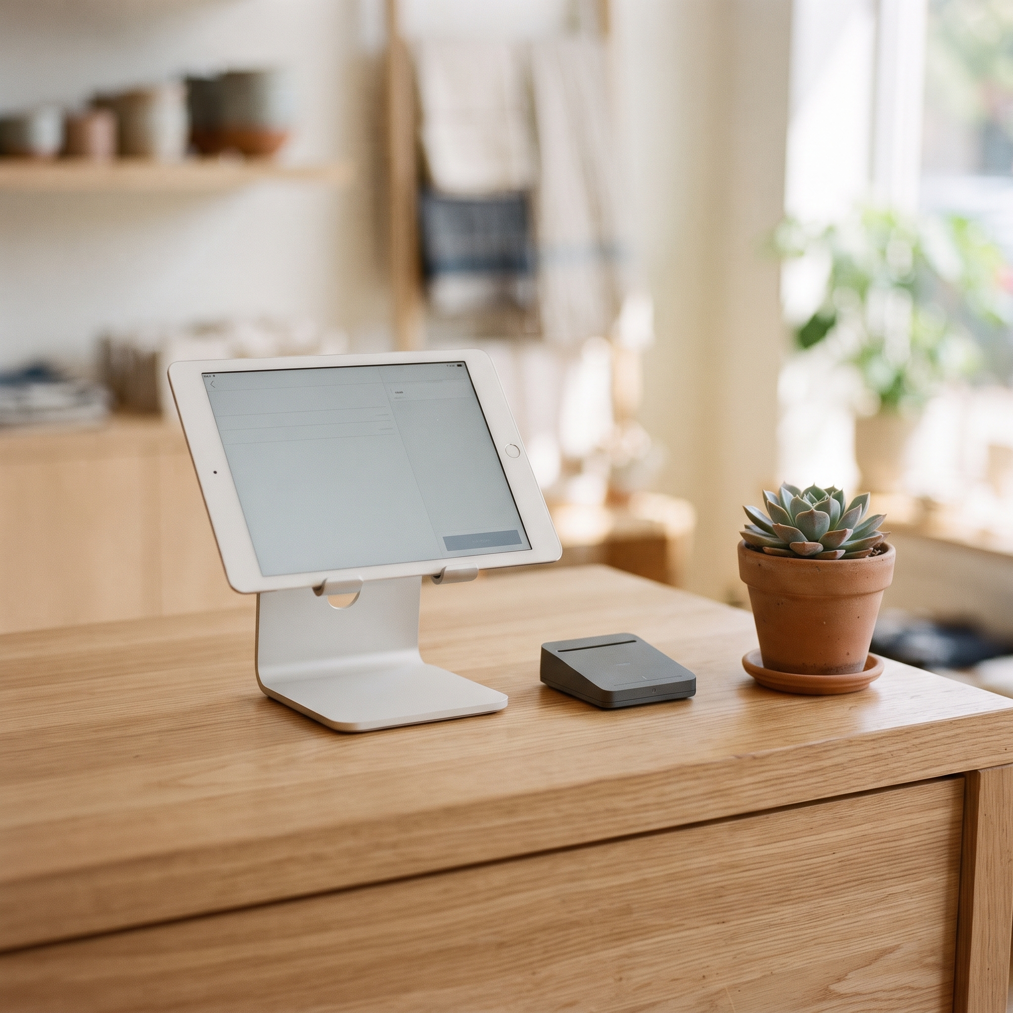 A consolidated retail stack: one tablet POS and card reader on a clean counter