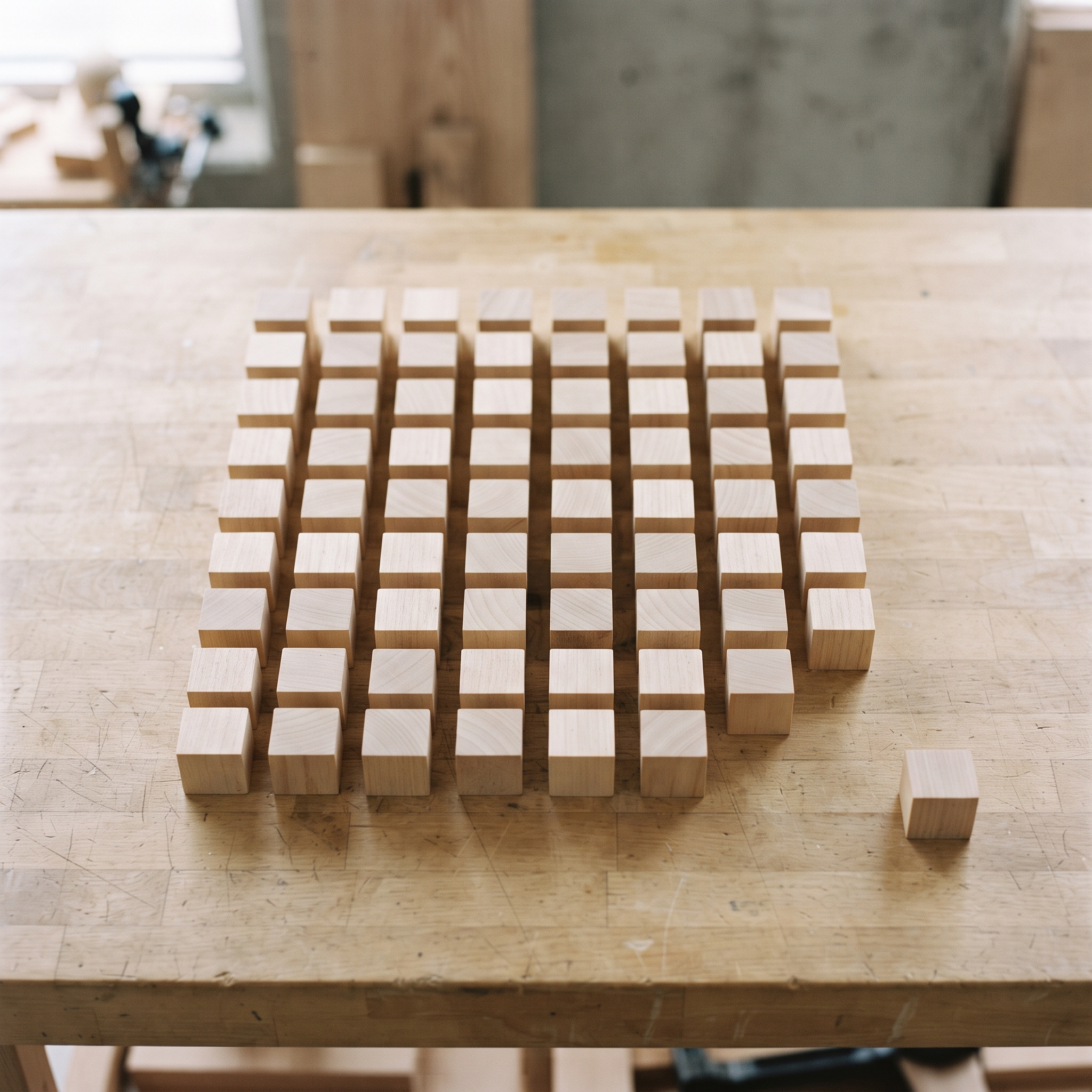 Identical wooden building blocks arranged on a workbench, a metaphor for the component ceiling of a drag and drop POS builder