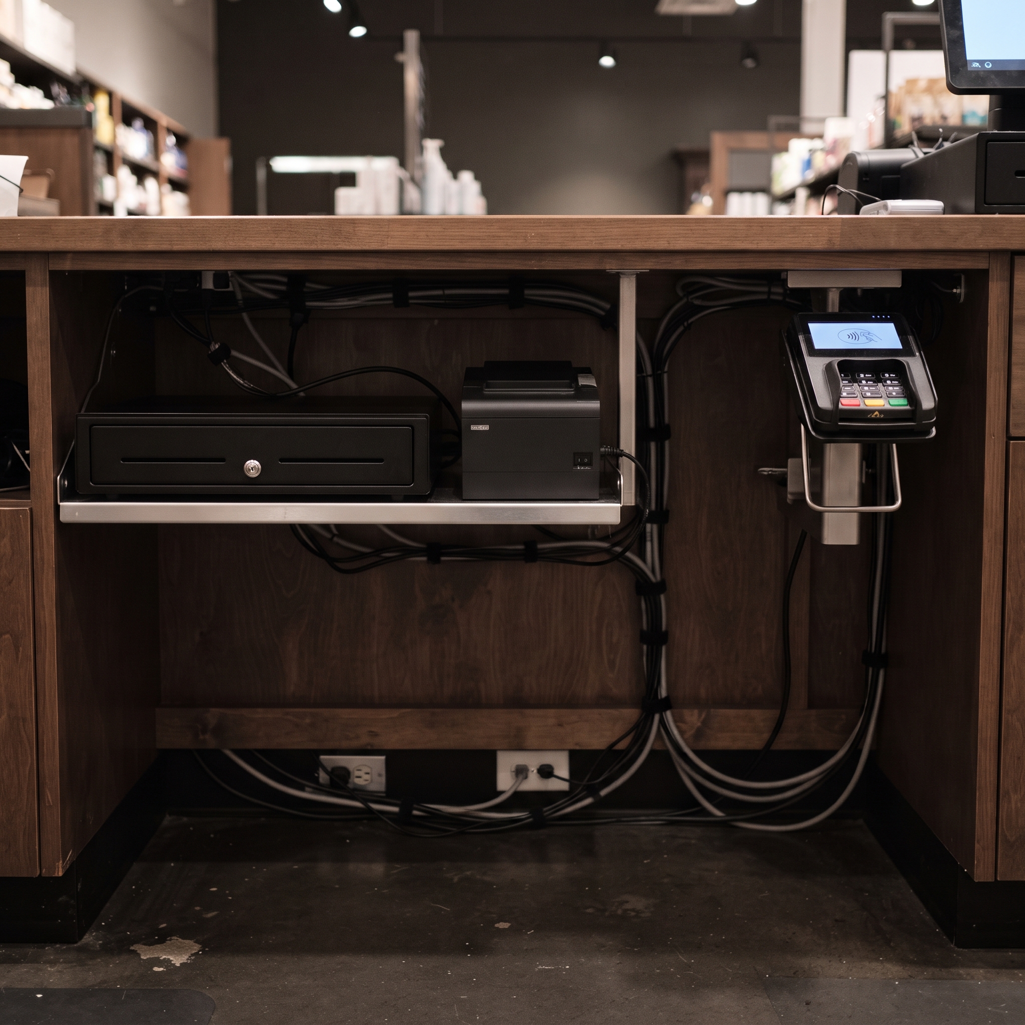 Unbranded commerce hardware and cabling beneath a checkout counter, the infrastructure layer no AI model generates
