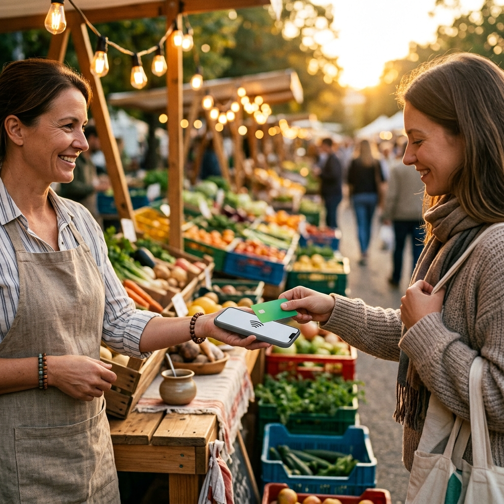 A market vendor accepts a contactless card directly on a smartphone with no card reader — Tap to Pay on mobile