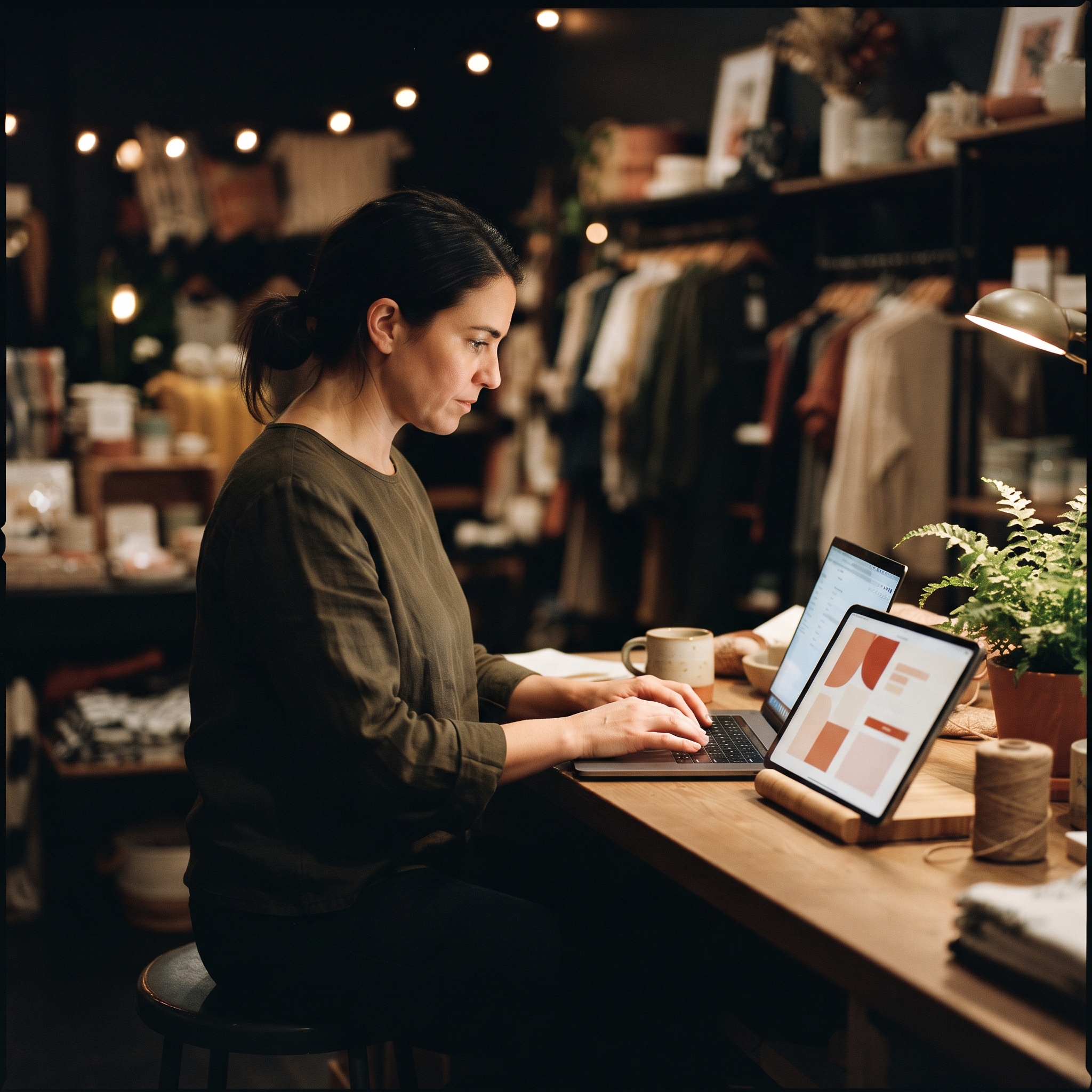 Boutique owner refining a custom POS checkout layout on a laptop with a live preview on a tablet