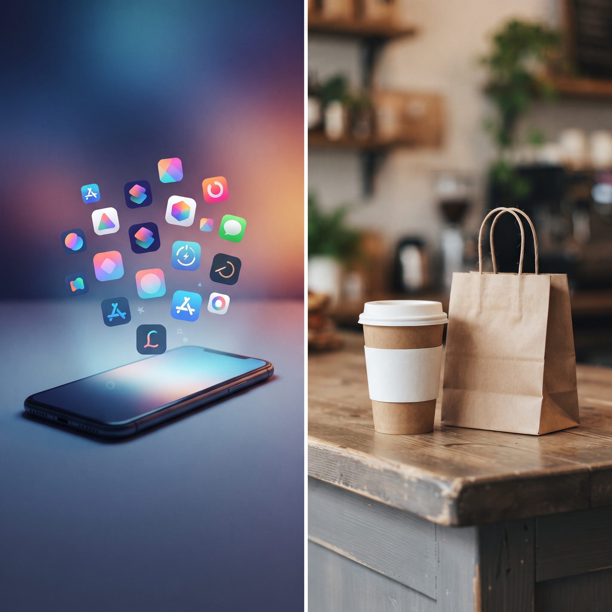 Split scene of digital app content versus physical goods like coffee, illustrating Apple's in-app purchase rules