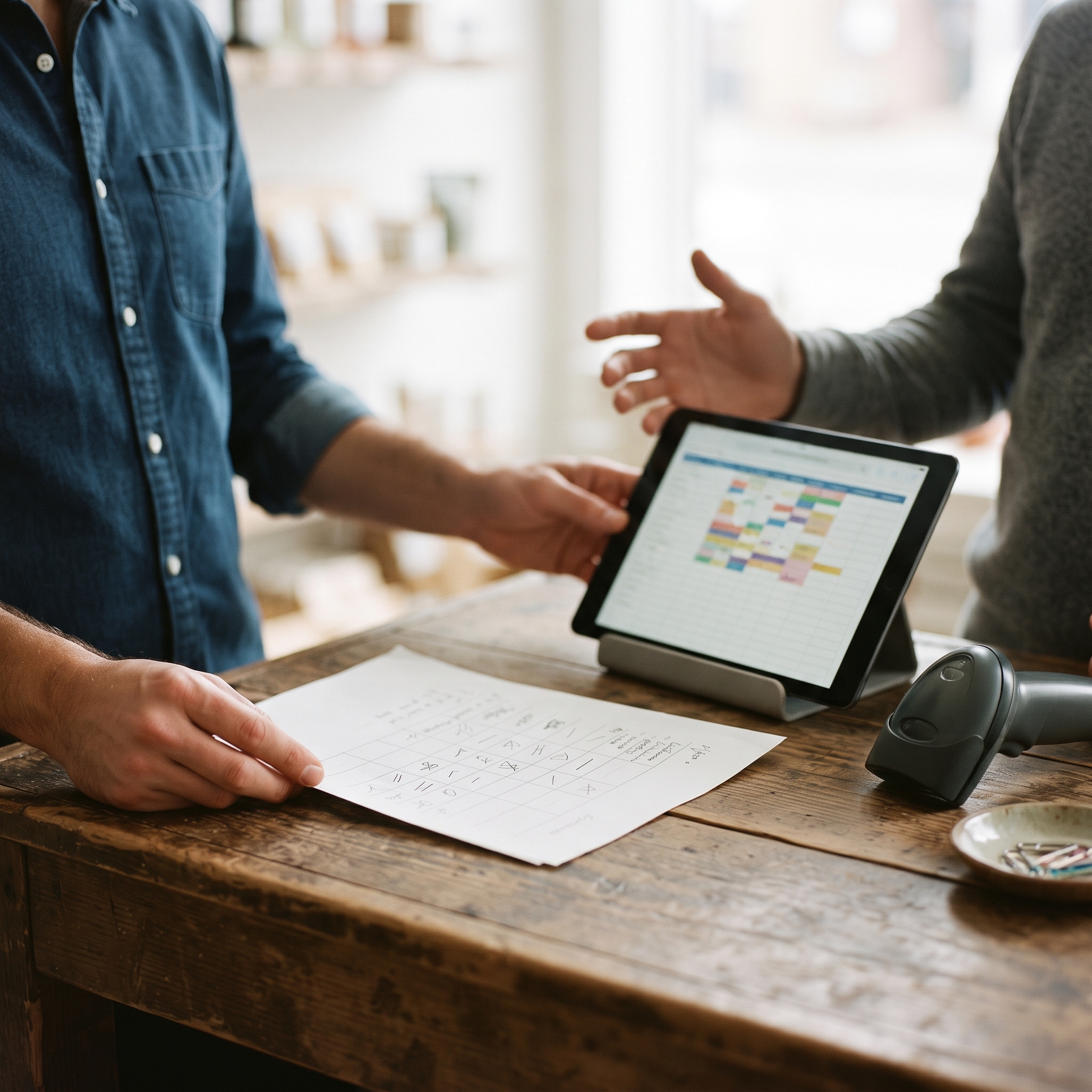 Merchant spot-checking imported product data on a new POS against a printed price list
