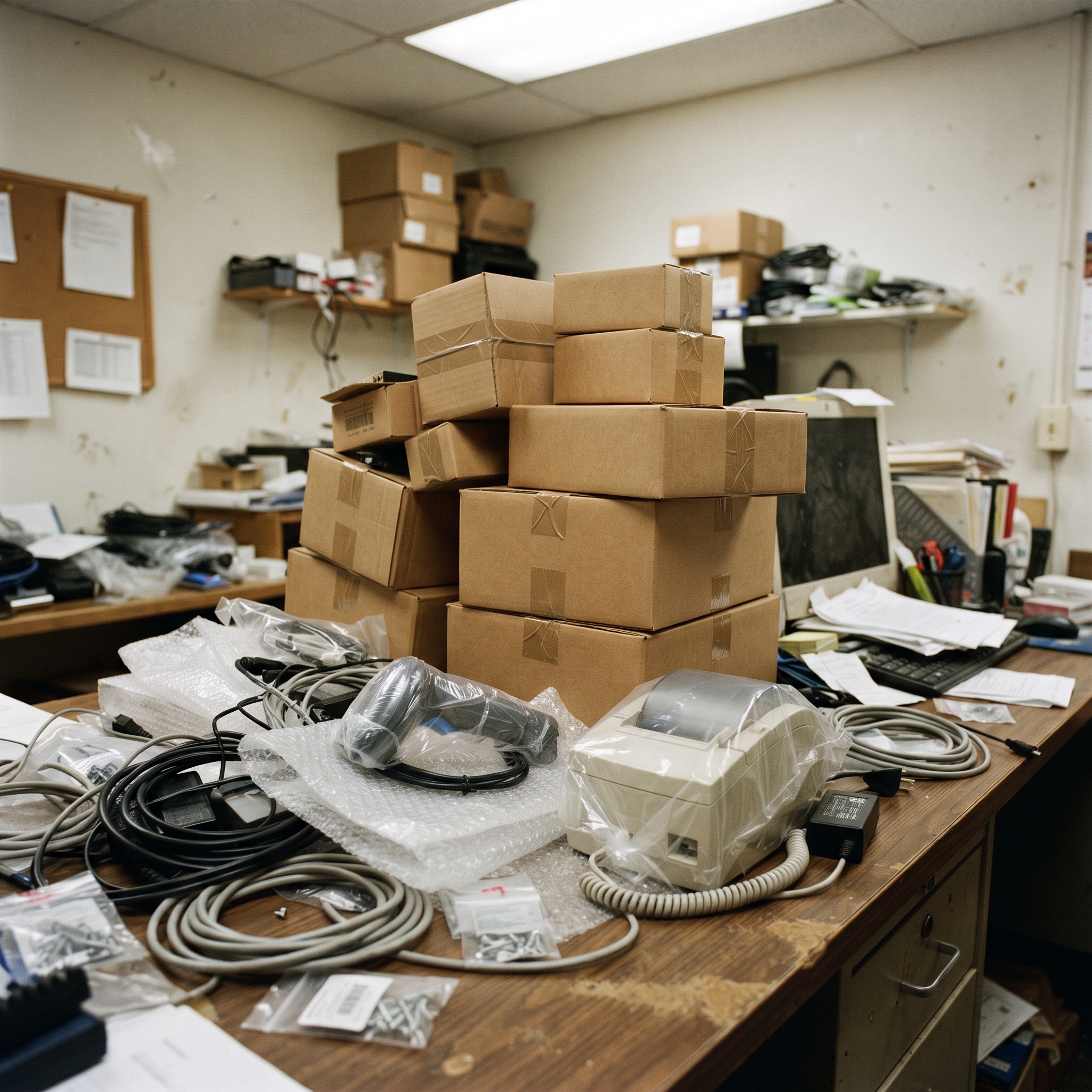 Unopened point of sale gear stacked in a new store's back office
