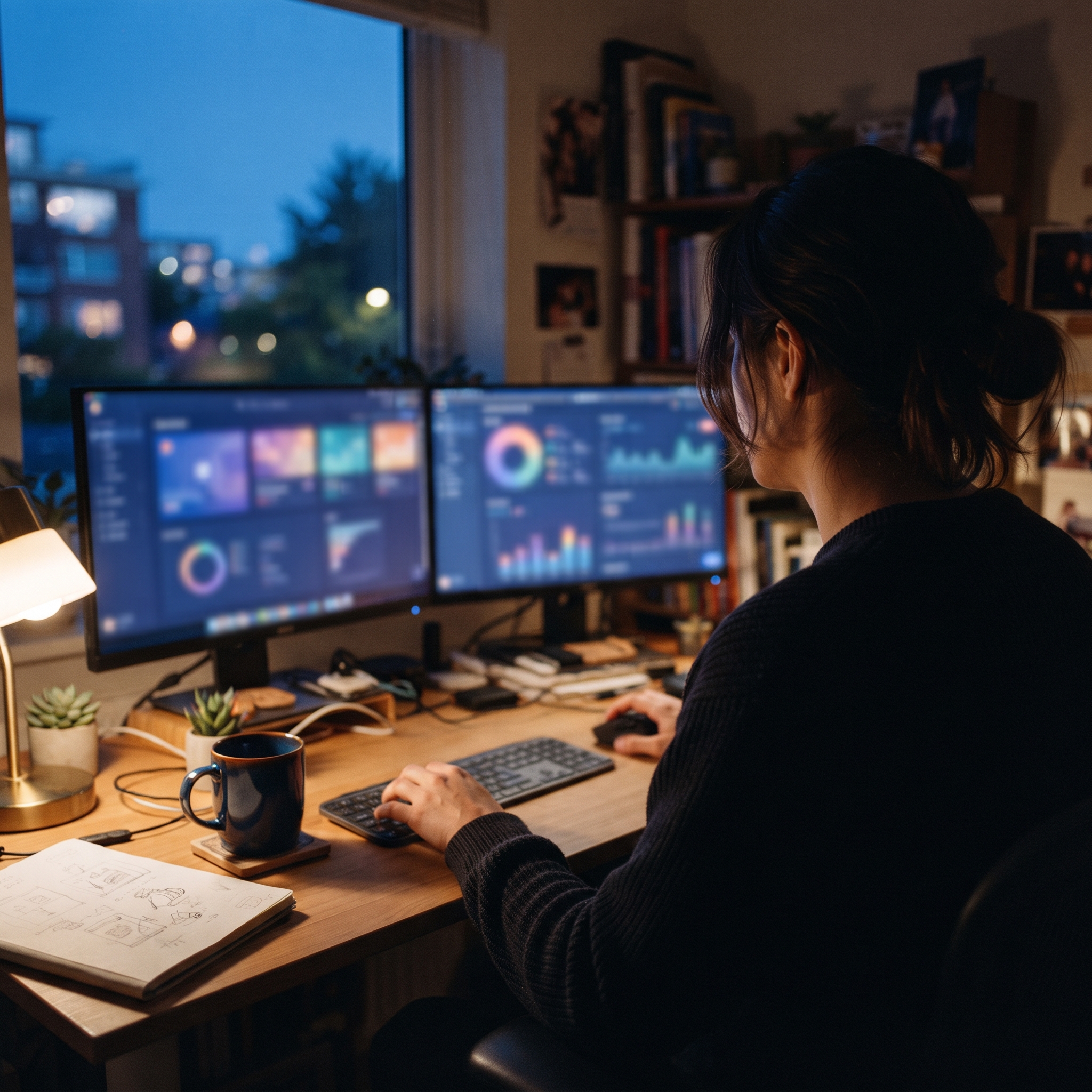 Builder working at two monitors in a small office, representing teams that build software in-house with AI coding agents